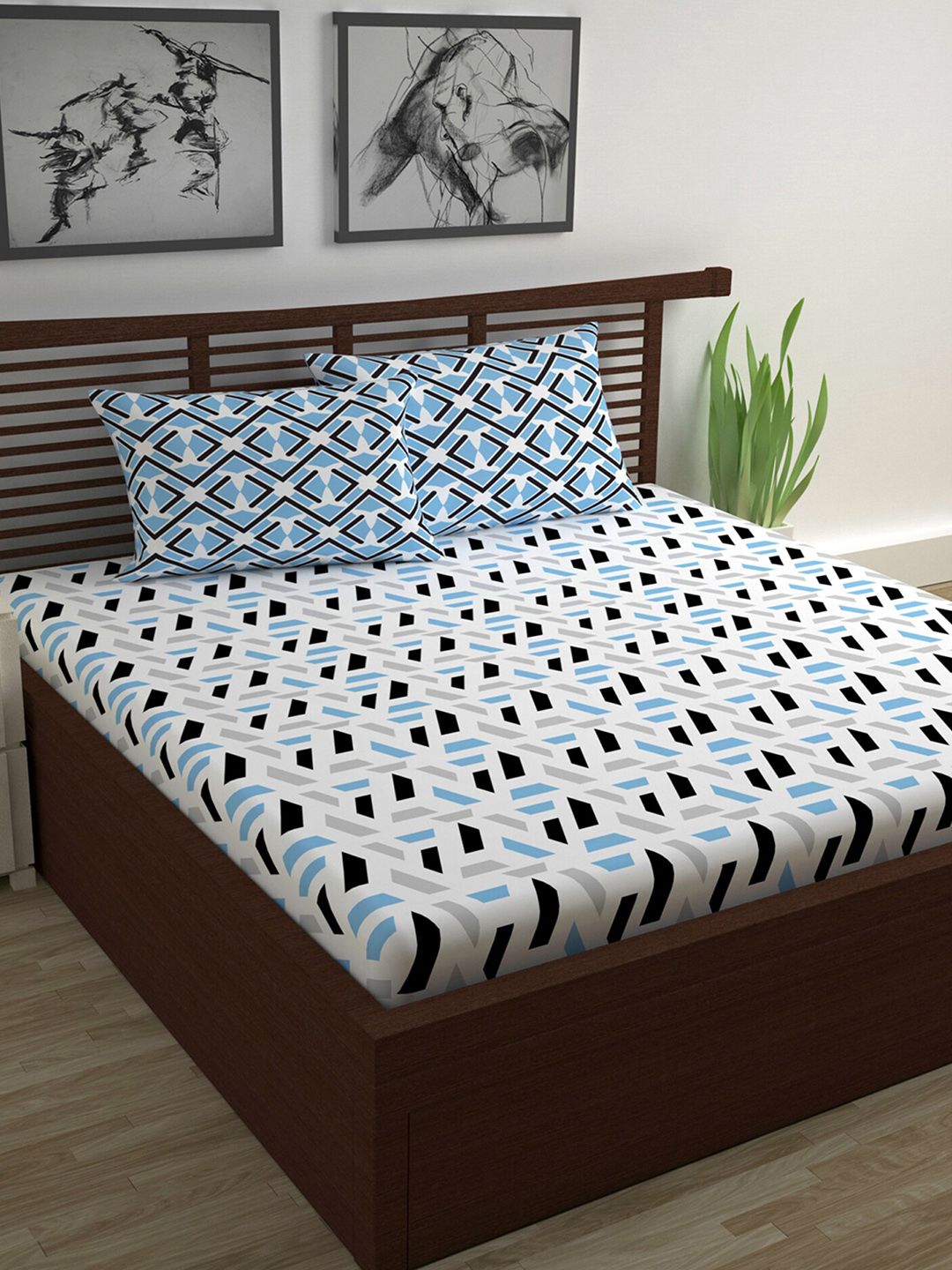 Divine Casa Blue & White Geometric 144 TC Queen Bedsheet with 2 Pillow Covers Price in India