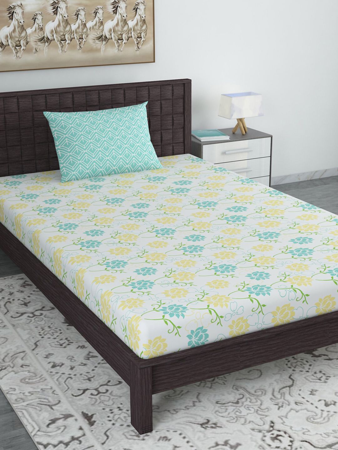 Divine Casa Blue & Yellow Floral 144 TC Single Bedsheet with 1 Pillow Cover Price in India