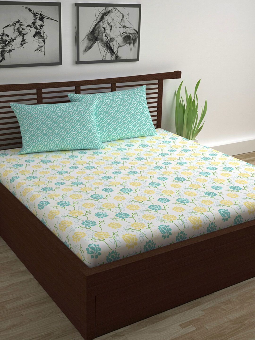 Divine Casa Blue & Yellow Floral 144 TC Queen Bedsheet with 2 Pillow Covers Price in India