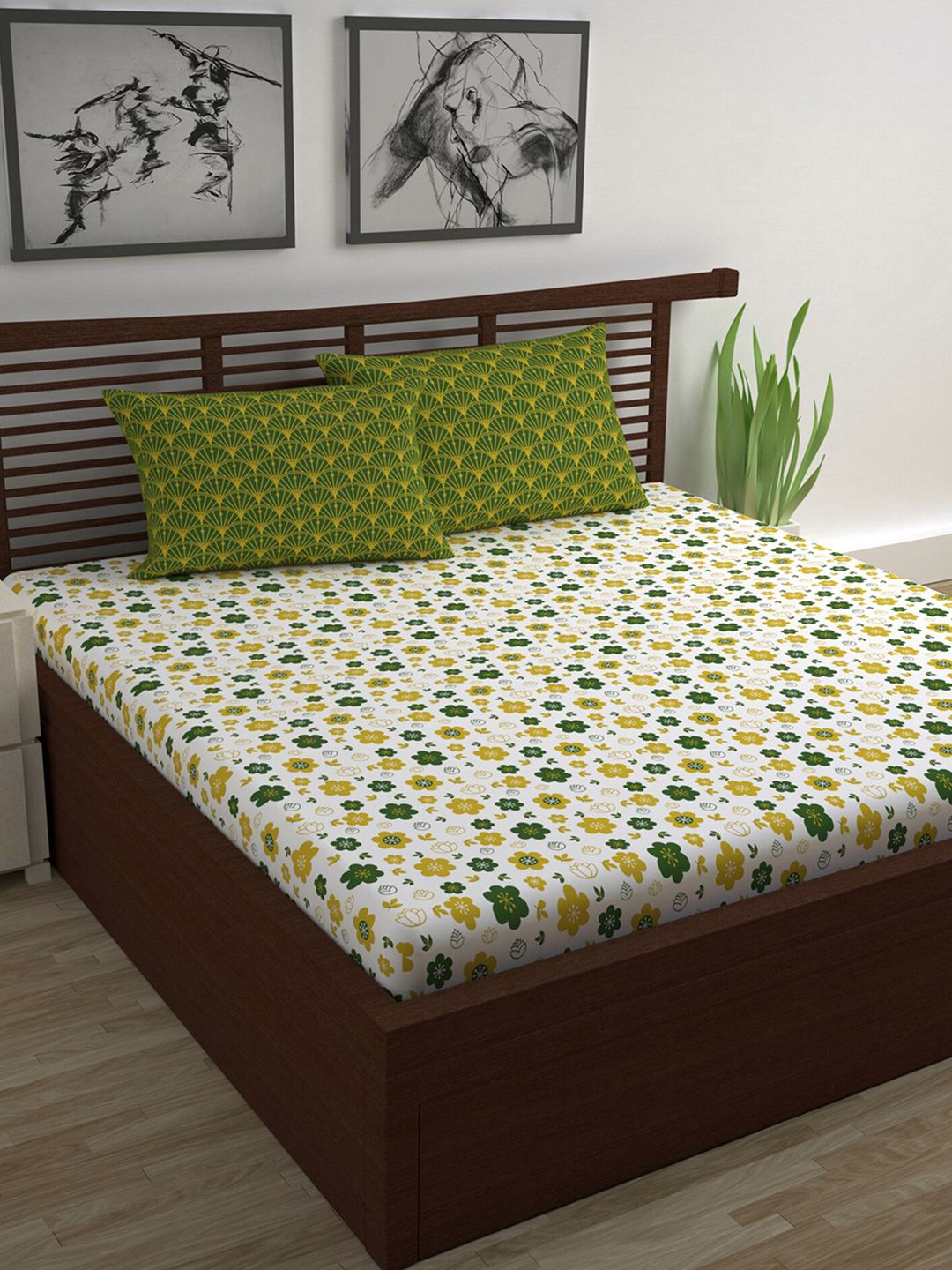 Divine Casa Olive Green & White Floral 144 TC Queen Bedsheet with 2 Pillow Covers Price in India
