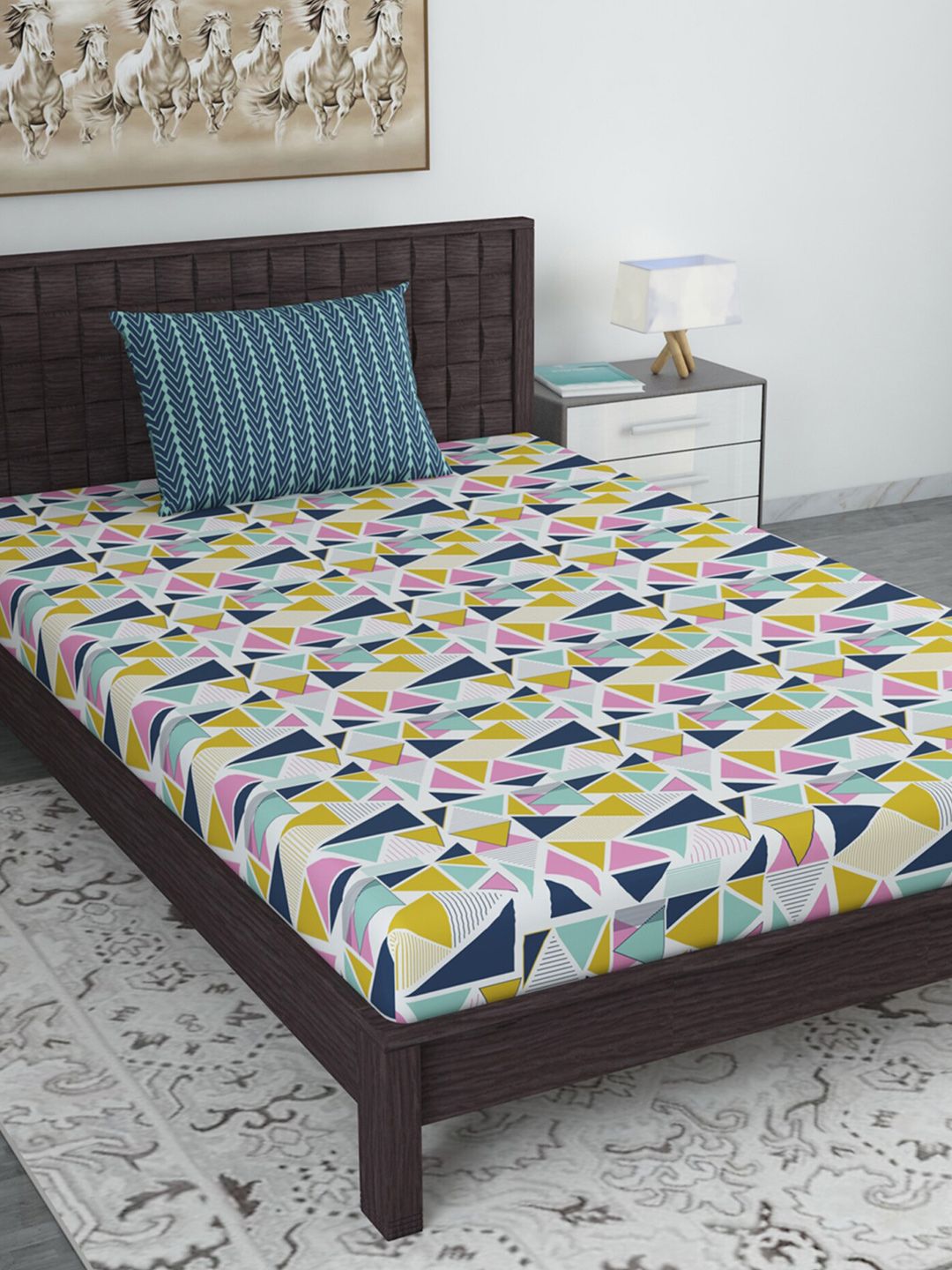 Divine Casa White & Pink Geometric 144 TC Single Bedsheet with 1 Pillow Cover Price in India