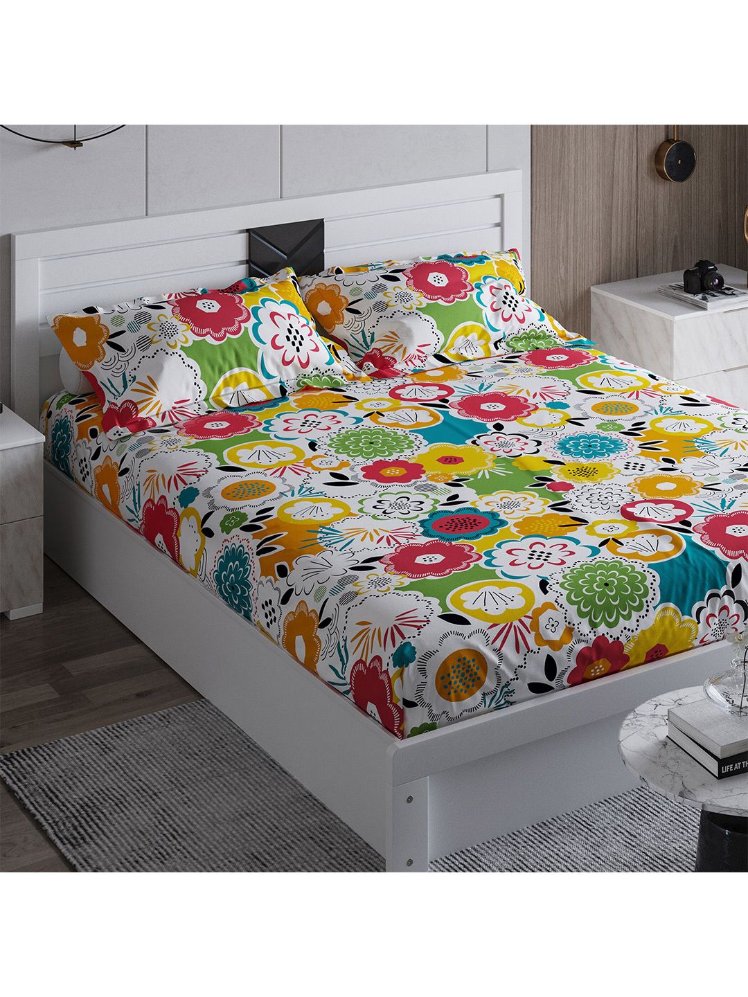 Home Centre Pink & Yellow Floral 210 TC King Bedsheet with 2 Pillow Covers Price in India