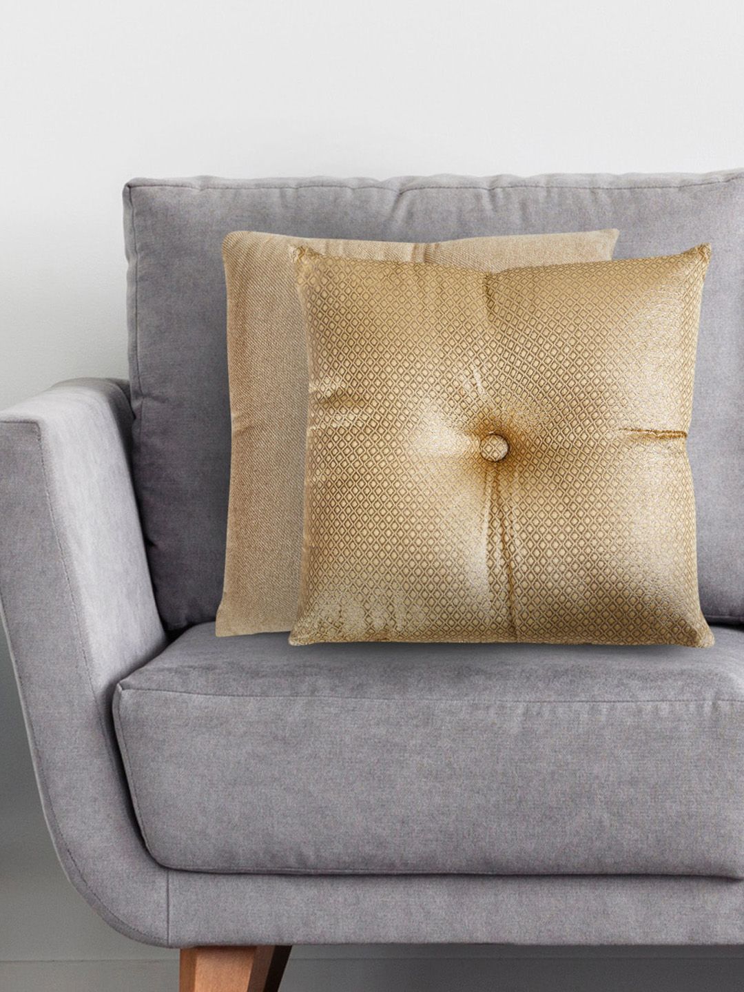 Home Centre Set Of 2 Gold-Coloured Textured Filled Cushions Price in India