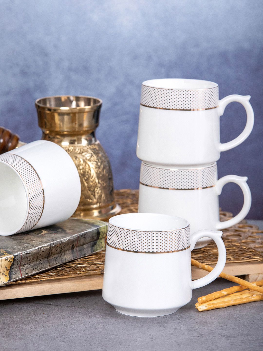 White Gold White & Gold-Toned Printed Porcelain Glossy Mugs Set of 6 Cups Price in India