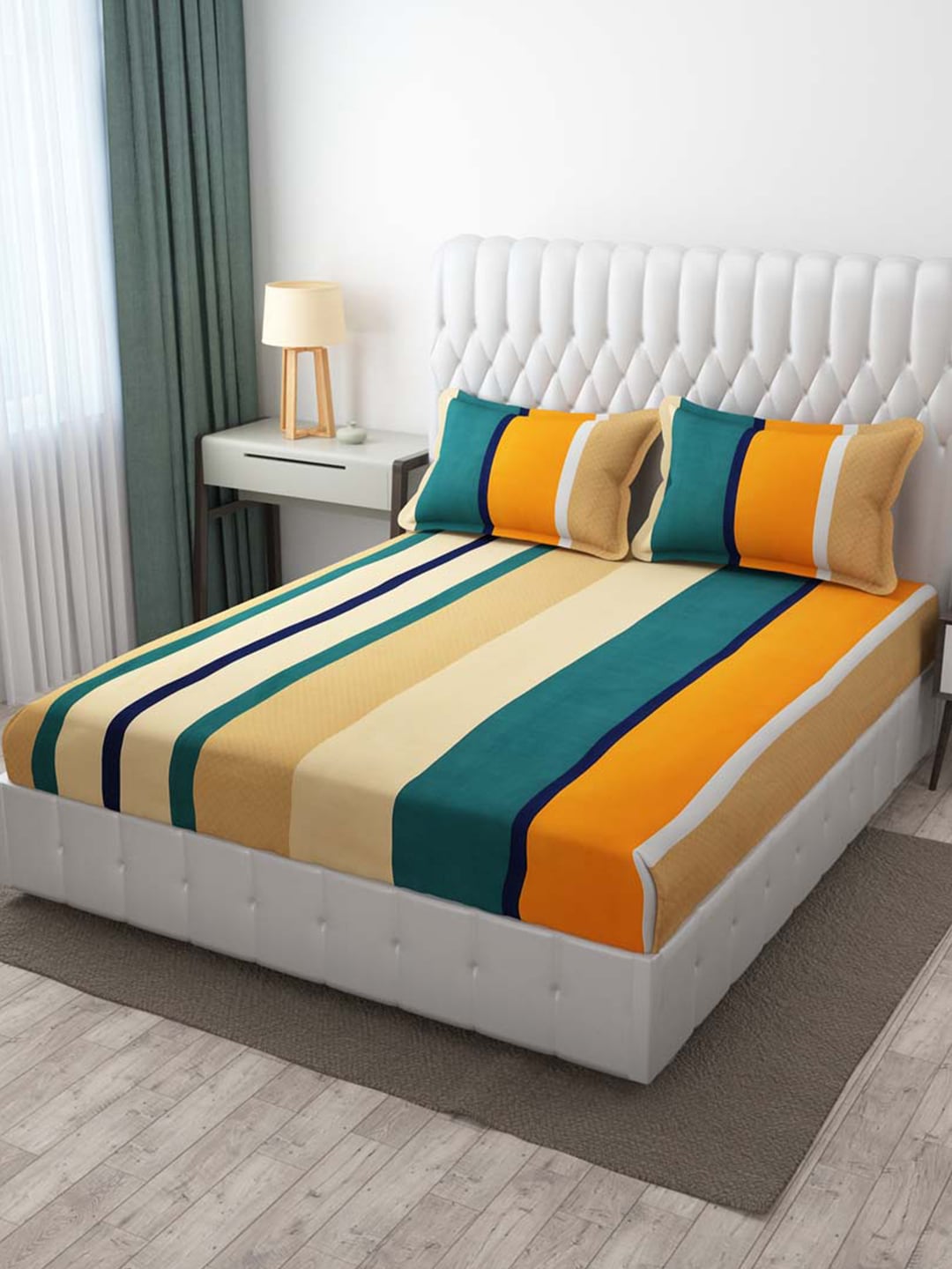 Slushy Mushy Beige & White Striped 300 TC King Bedsheet with 2 Pillow Covers Price in India