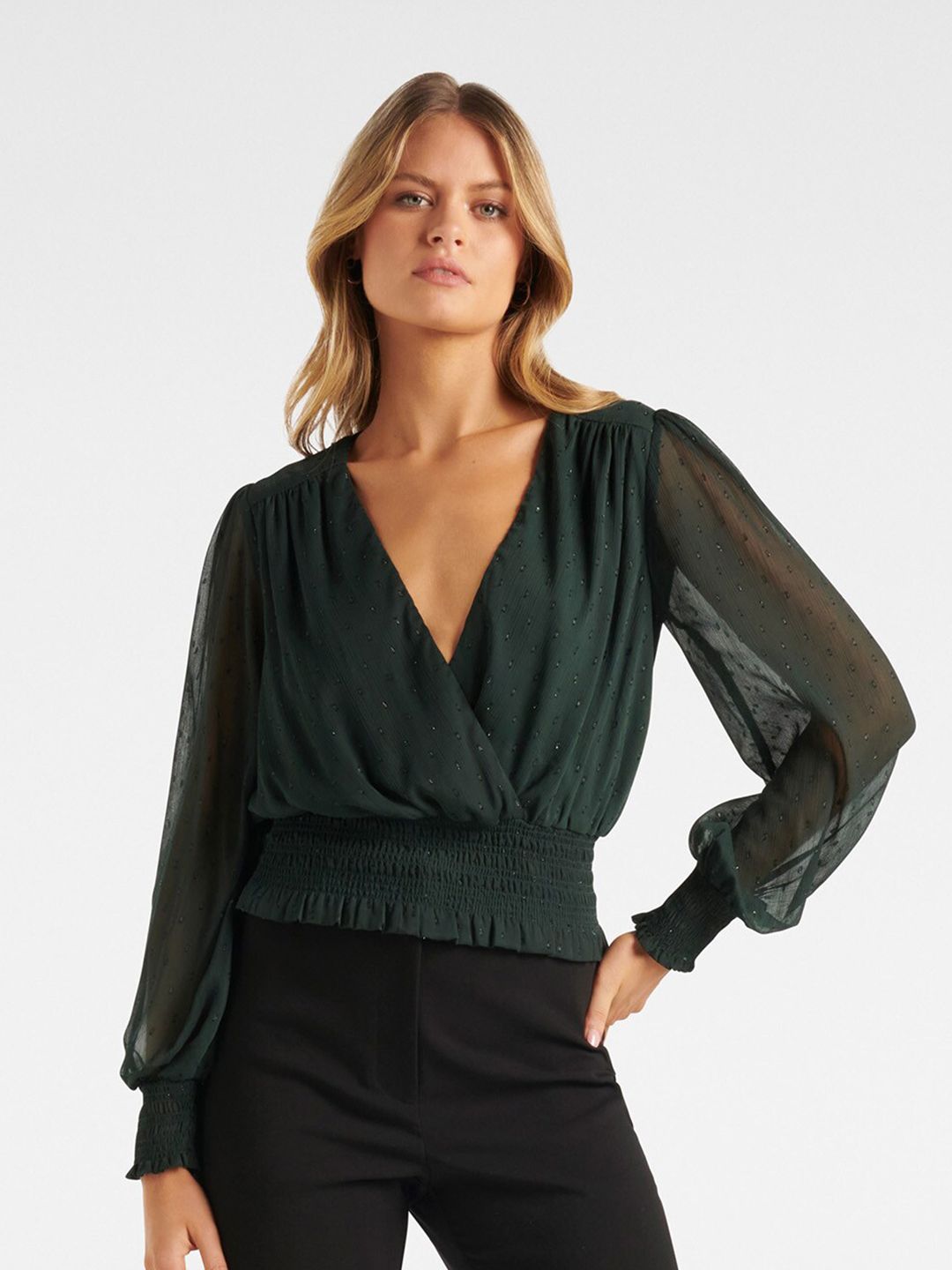 Forever New Green Self-Design Wrap Top Price in India