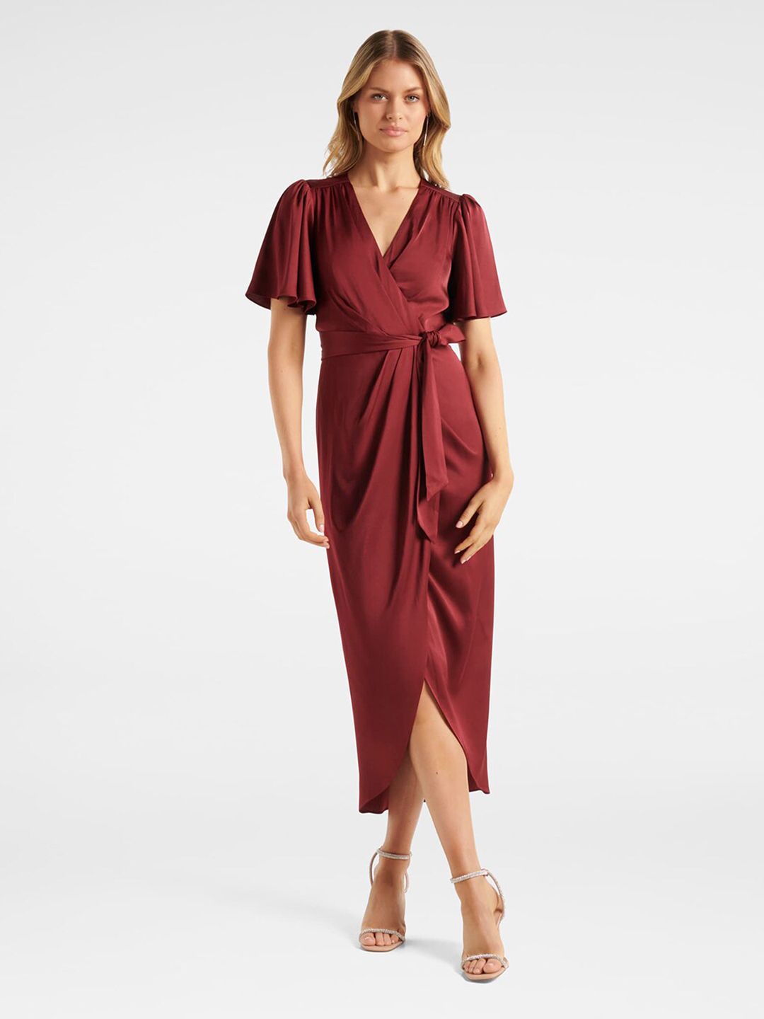 maroon satin midi dress