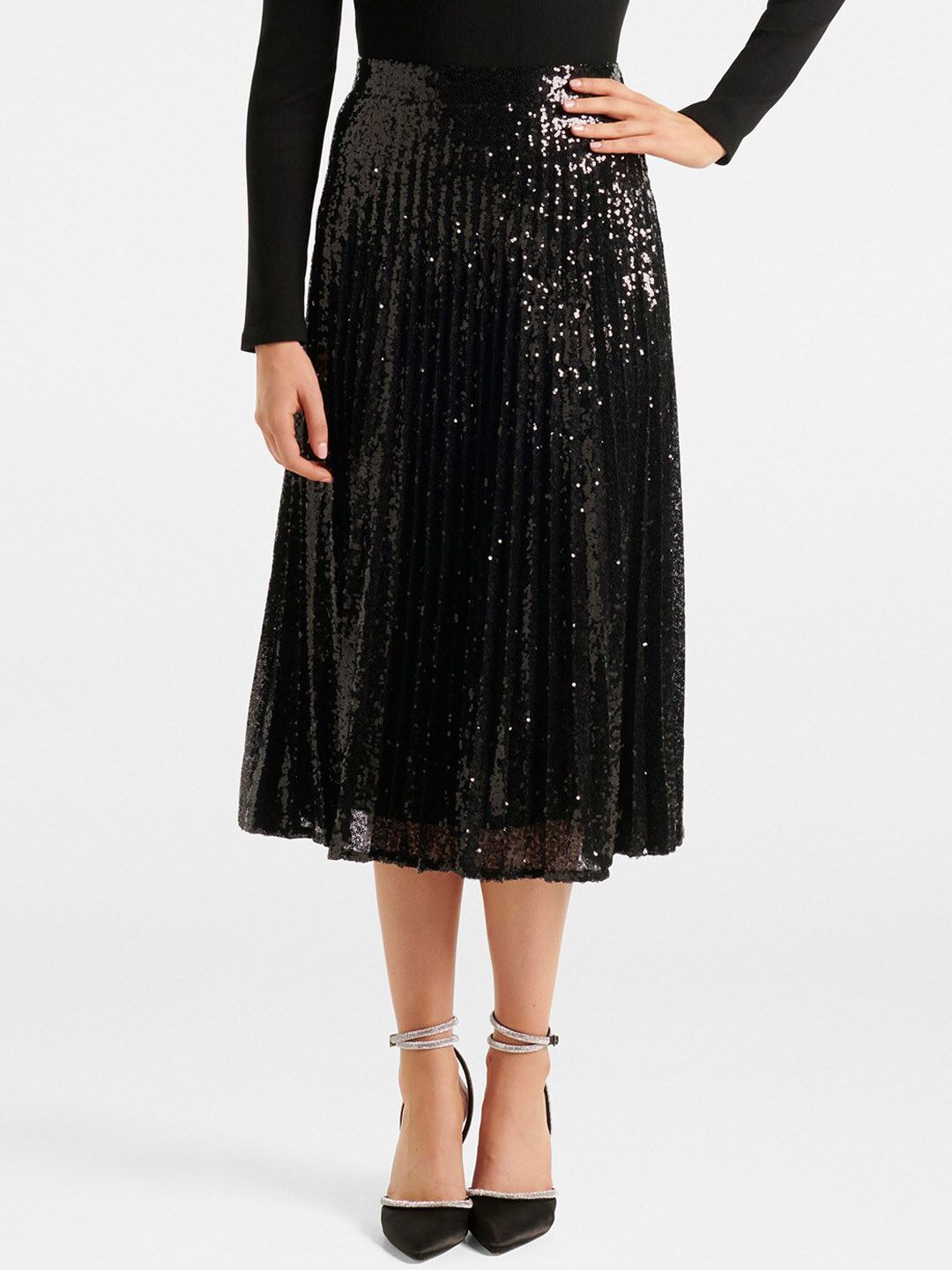 Forever New Black Sequin Pleated Midi Skirt Price in India