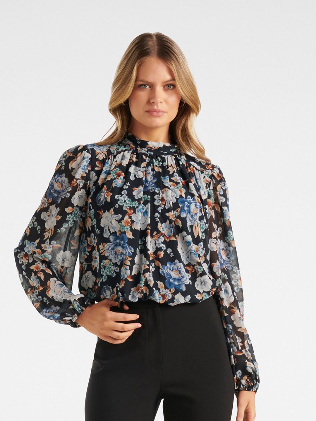 Forever New Black & Blue Floral Print Top Price in India