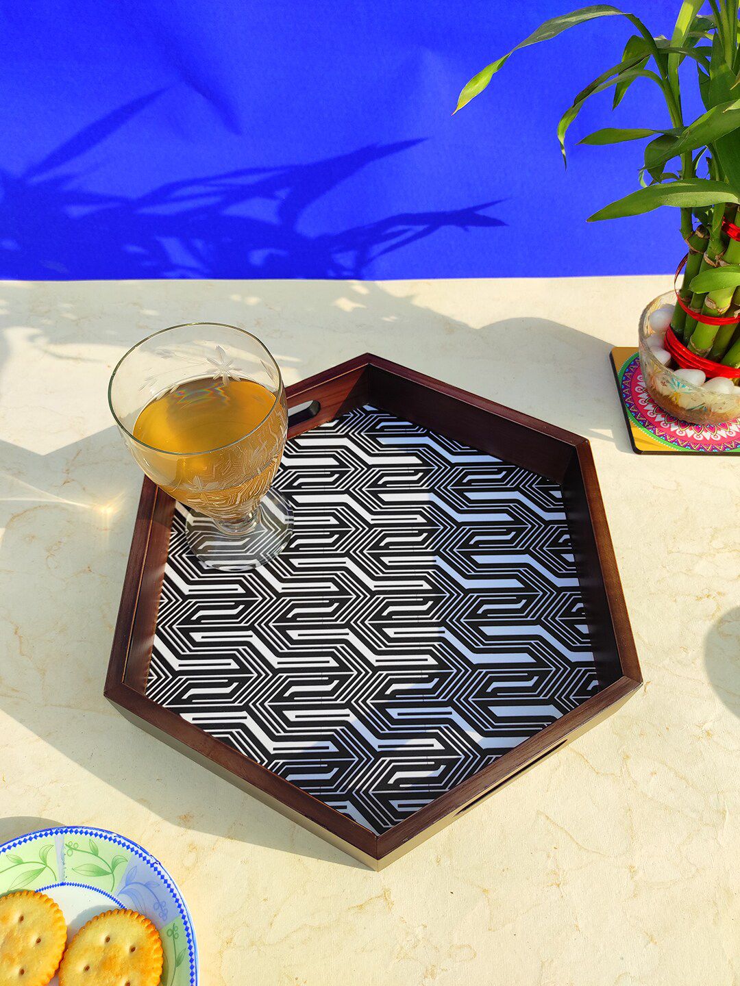 Crayton Black Printed Hexagon Wooden Tray Price in India