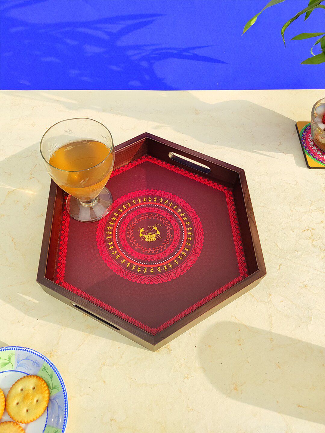 CRAYTON Red Printed Hexagon Wooden Tray Price in India