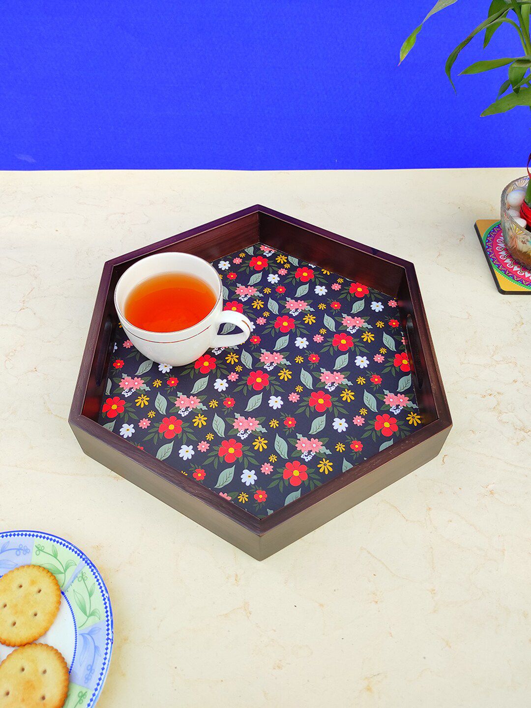 CRAYTON Navy Blue & Orange Floral Printed Hexagon Wooden Tray Price in India