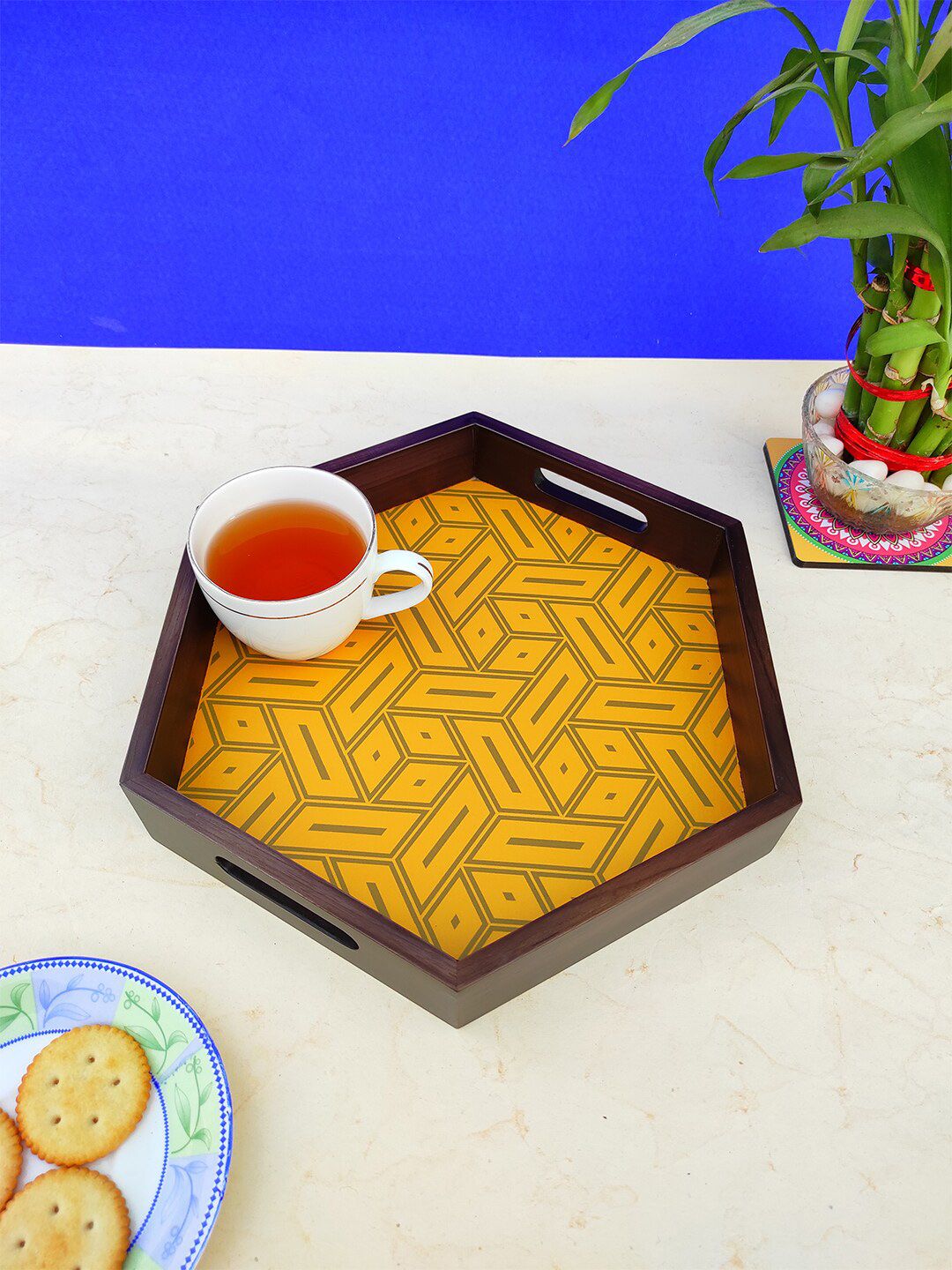 CRAYTON Yellow Printed Small Hexagon Tray Price in India