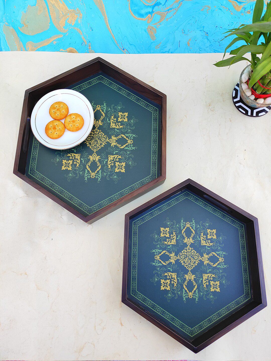 CRAYTON Set of 2 Green Printed Hexagon Trays Price in India
