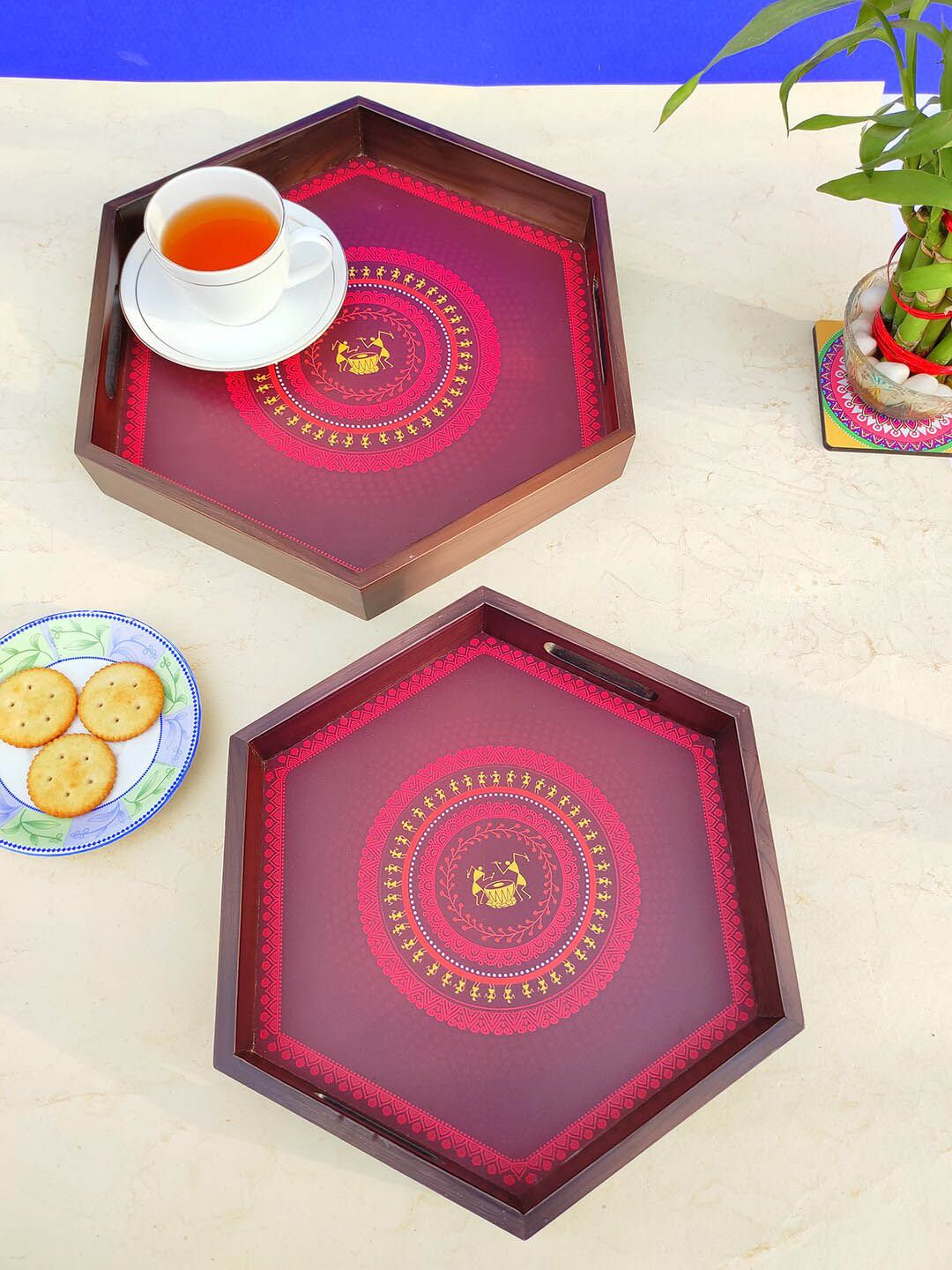 CRAYTON Set of 2 Red  Printed Wooden Hexagon Trays Price in India