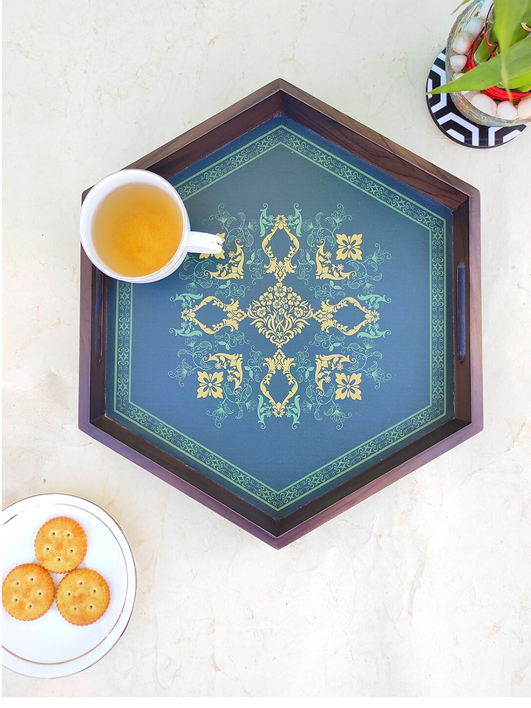 CRAYTON Blue Printed Wooden Hexagon Tray Price in India