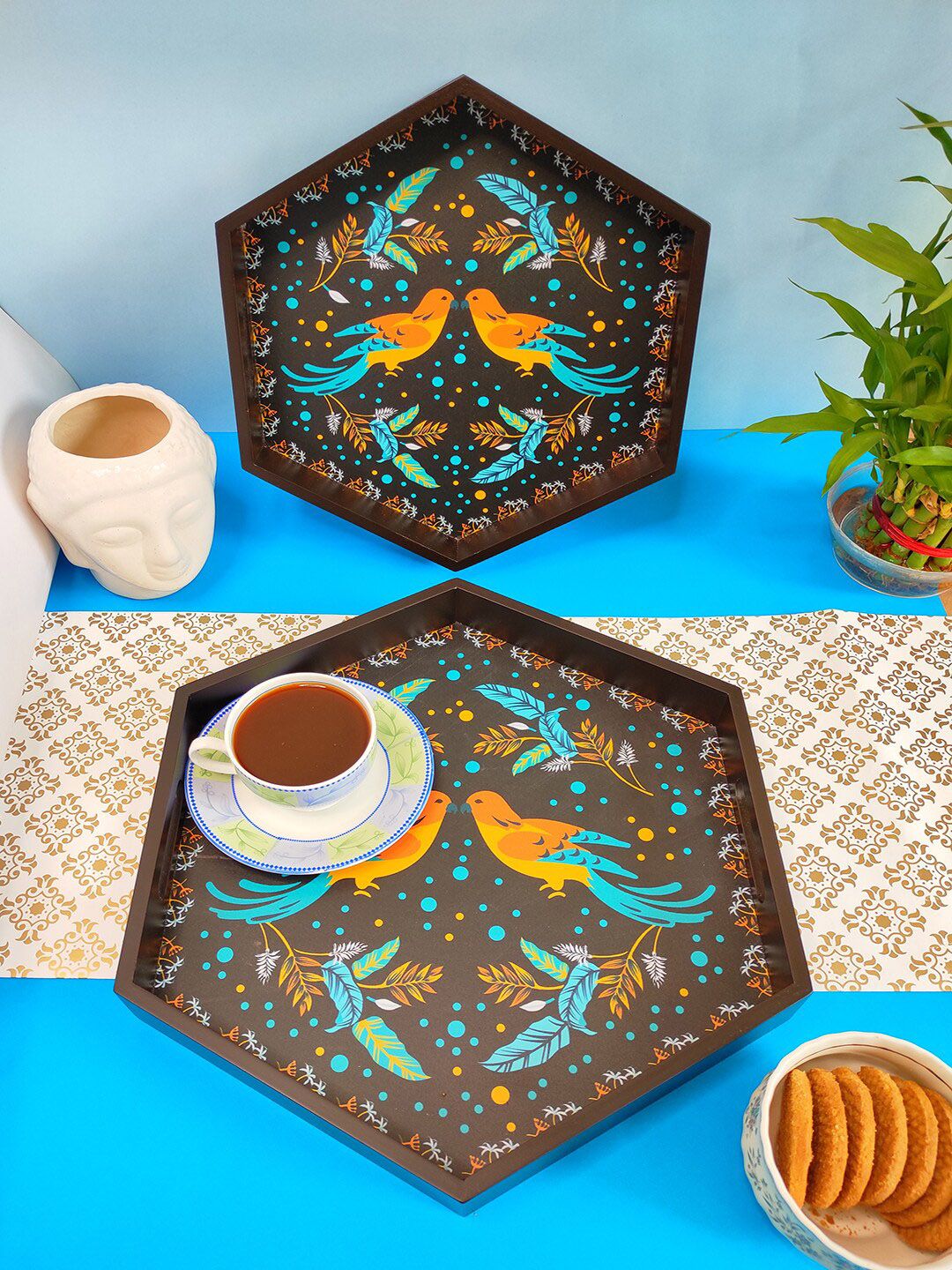 CRAYTON Set of 2 Turquoise Blue Hexagon Trays Price in India