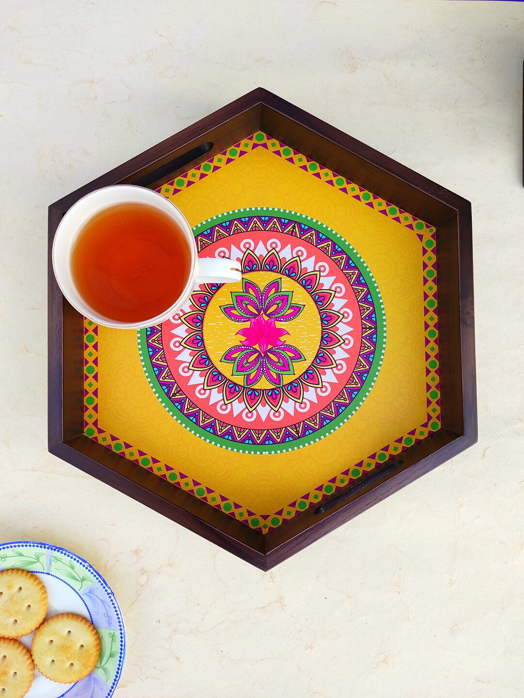 CRAYTON Mustard Yellow & Pink Ethnic Motifs Print Wooden Hexagon Tray Price in India