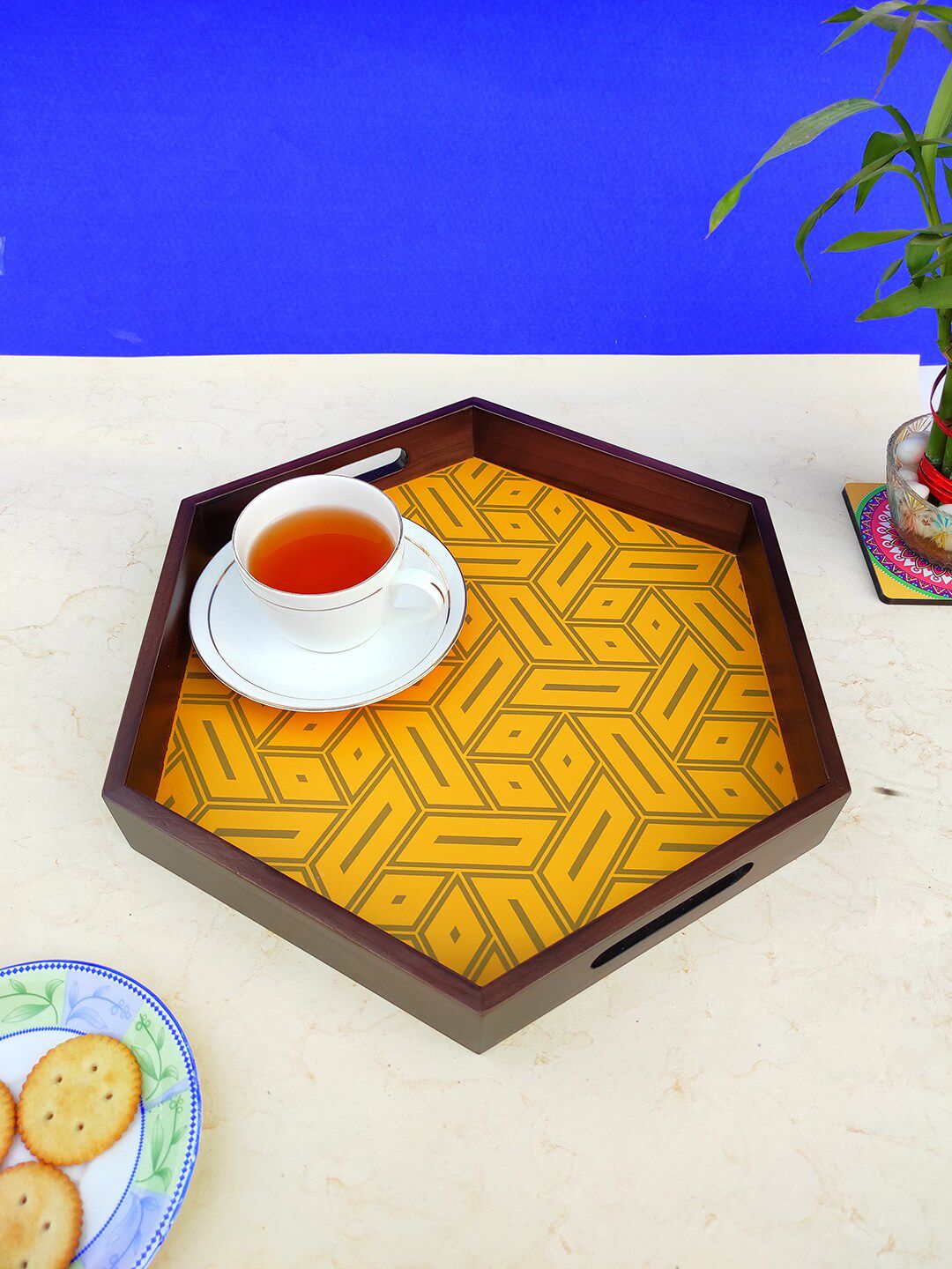 CRAYTON Yellow Printed Wooden Tray Price in India