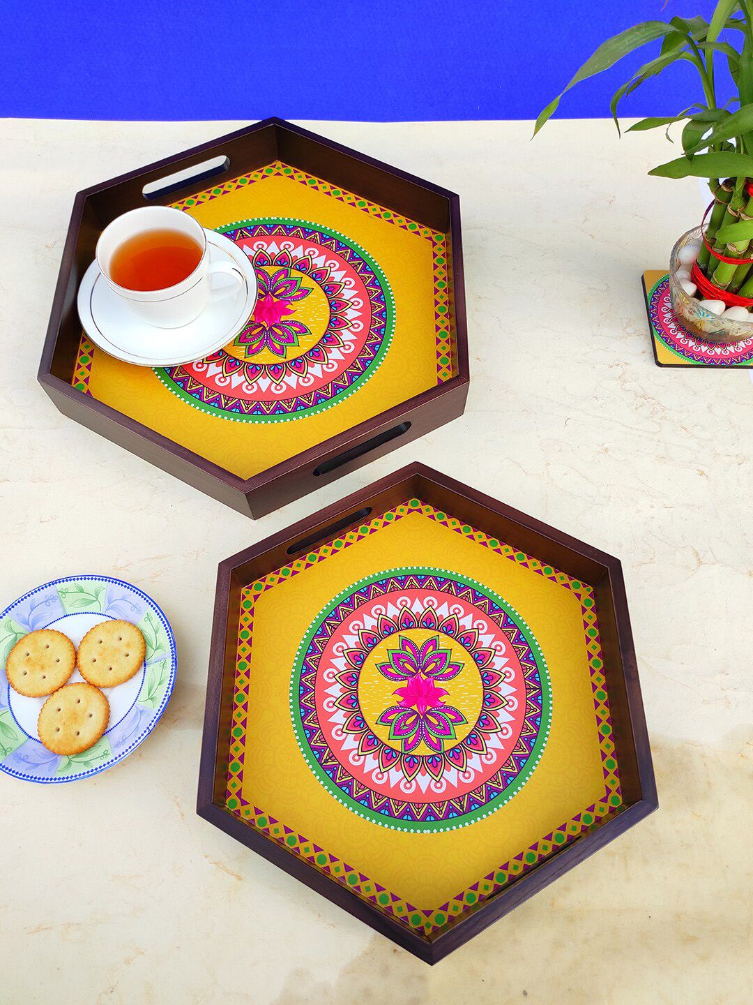 CRAYTON Set of 2 Yellow Print Hexagon Tray Price in India