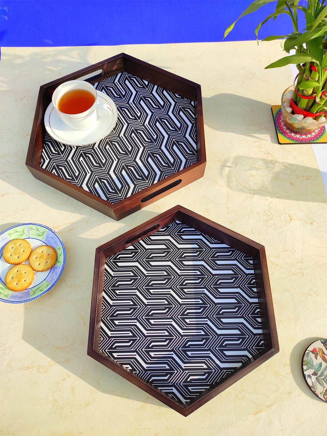 CRAYTON Set of 2 Black & Brown Printed Hexagon Wooden Tray Price in India
