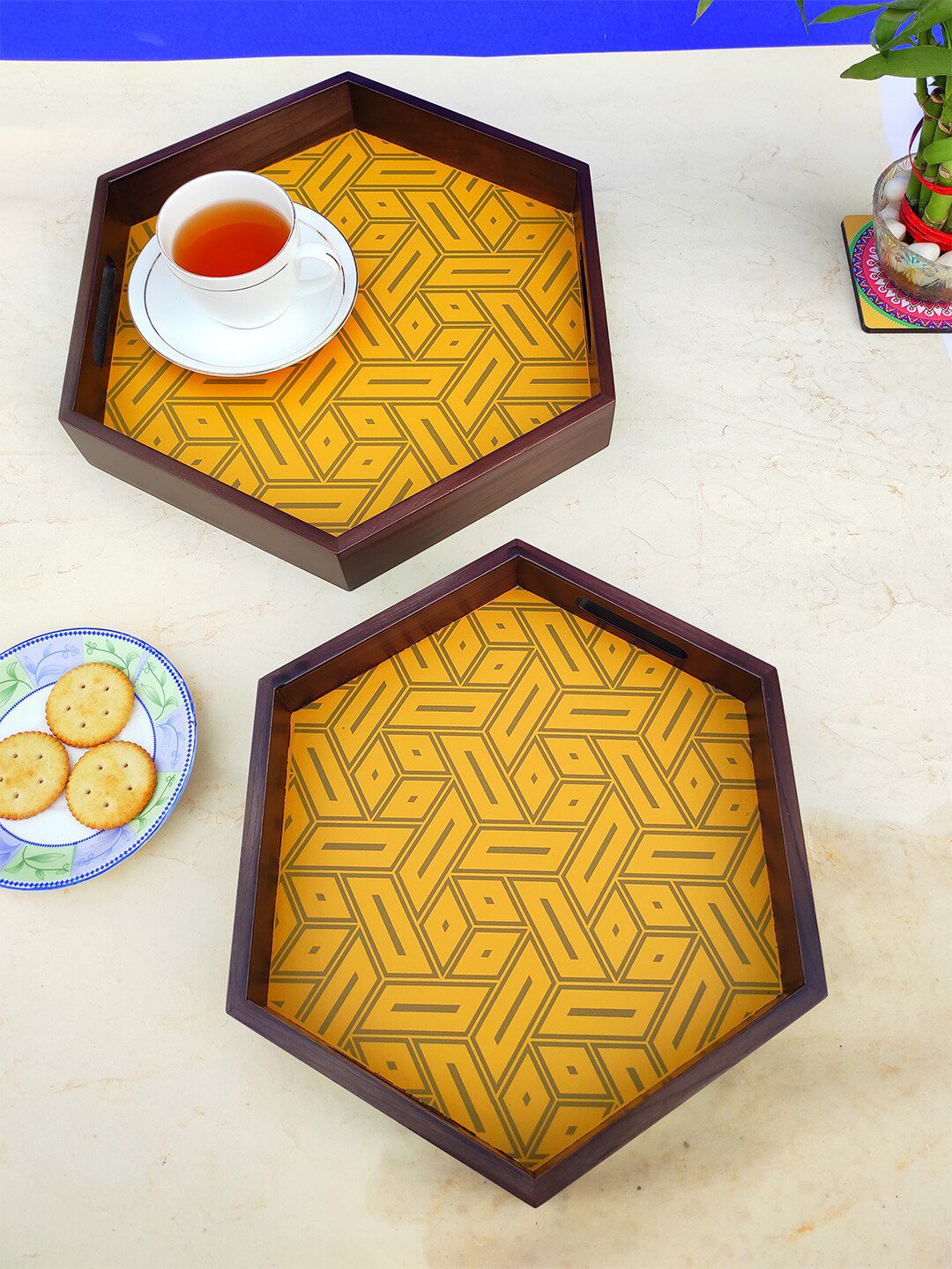 CRAYTON Set of 2 Yellow Hexagon Trays Price in India
