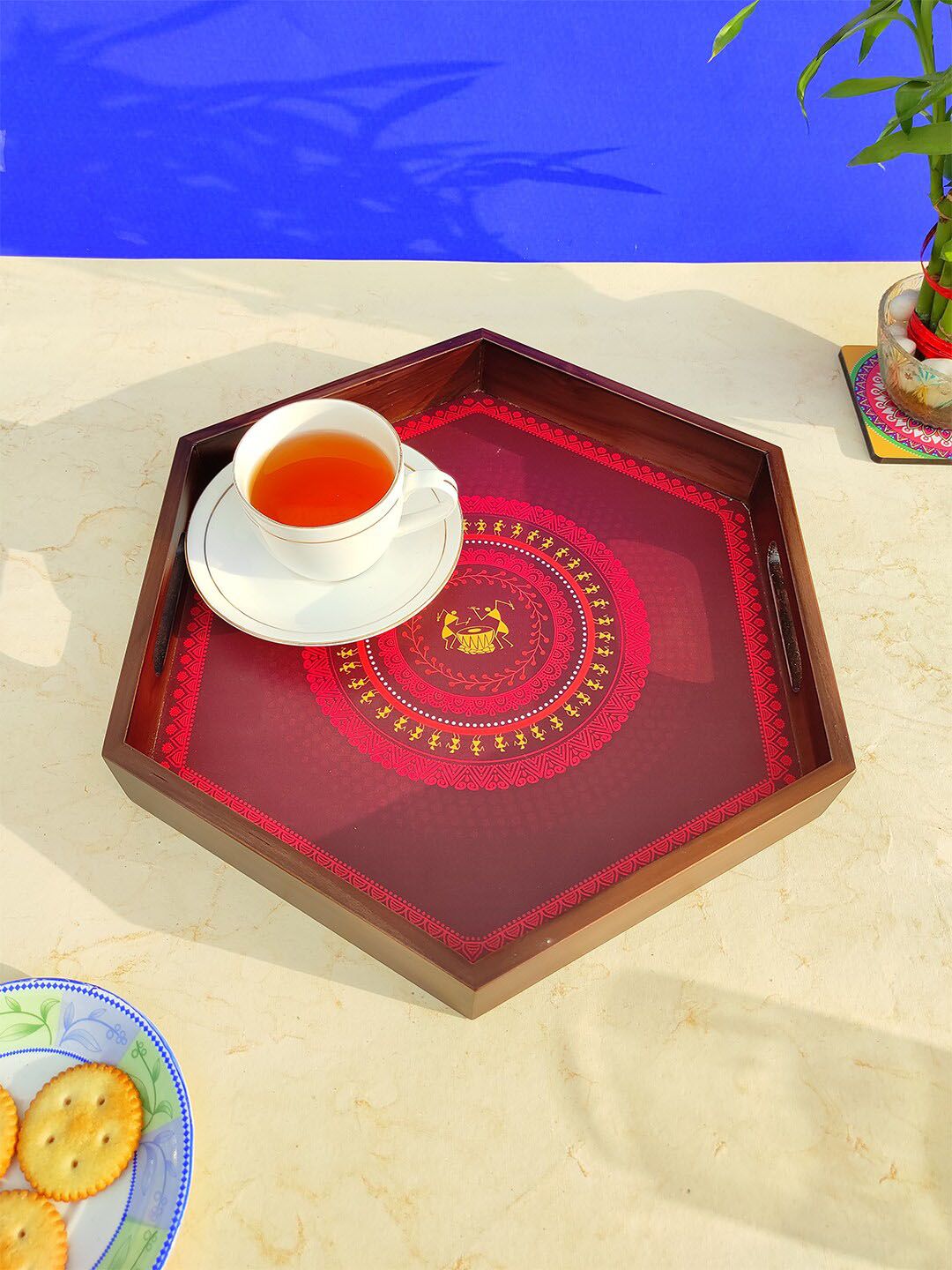CRAYTON Red Printed Wooden Hexagon Tray Price in India