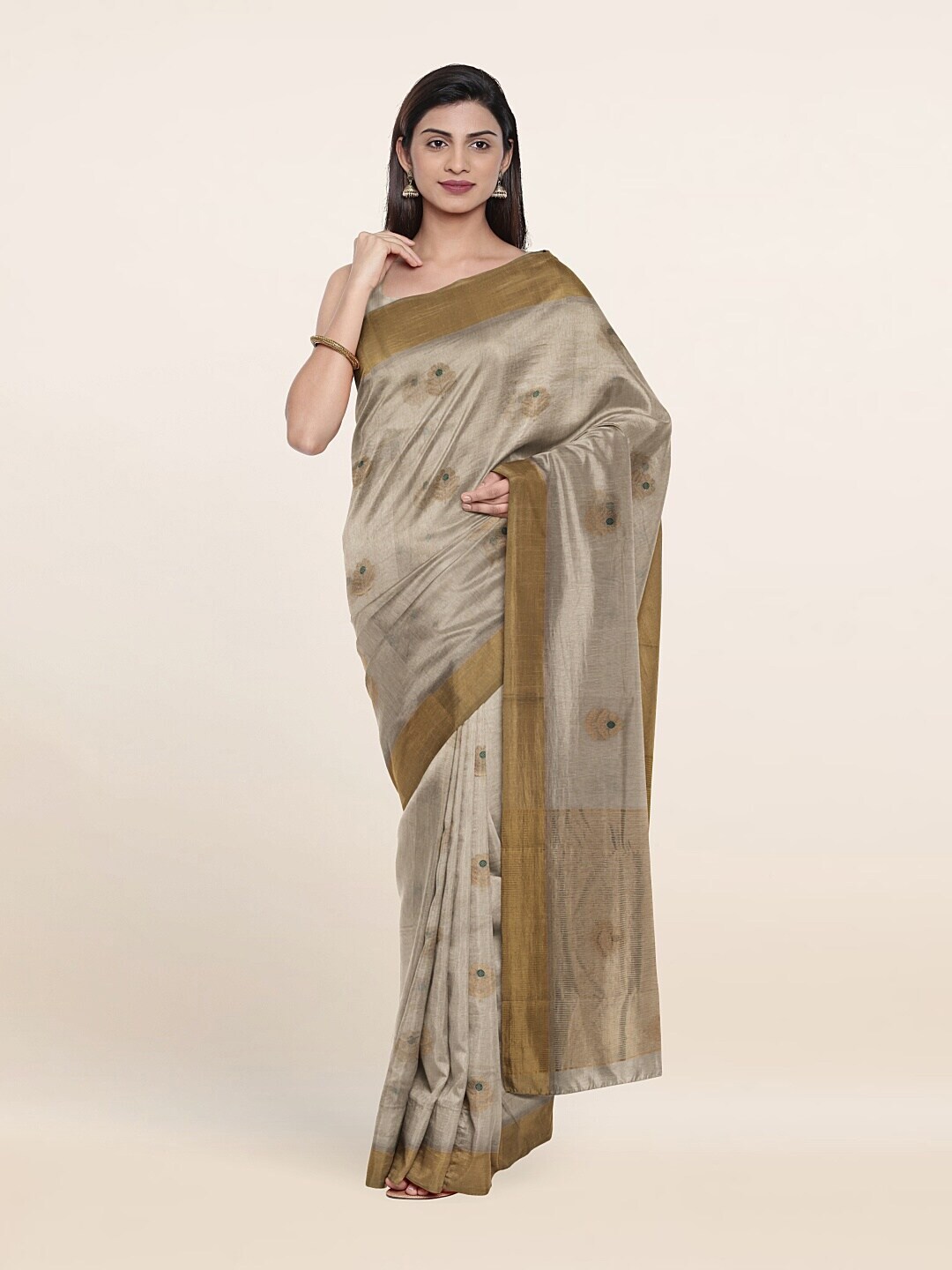 Pothys Grey & Gold-Toned Floral Zari Silk Cotton Saree Price in India