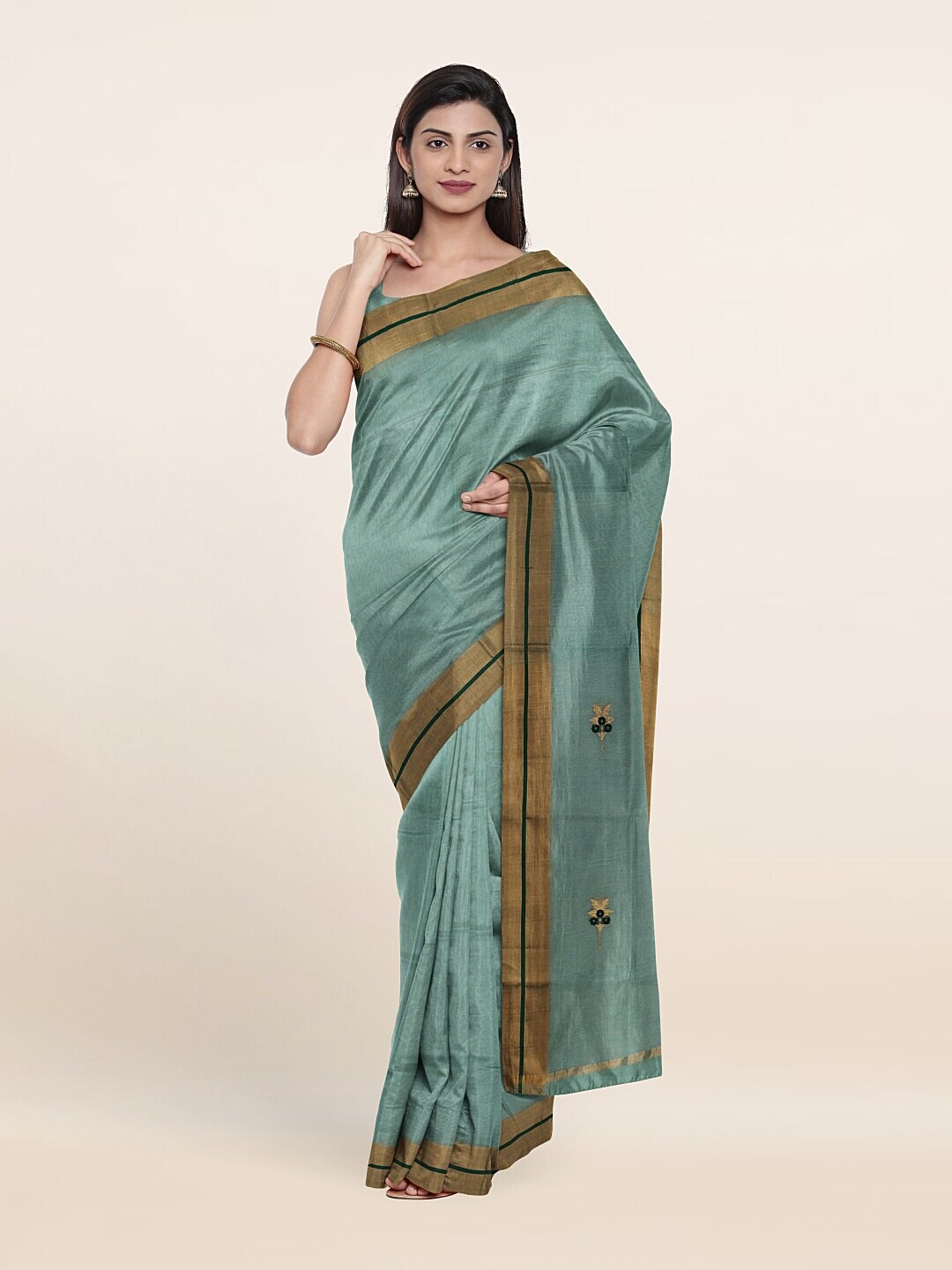 Pothys Blue & Green Floral Embroidered Silk Cotton Saree Price in India