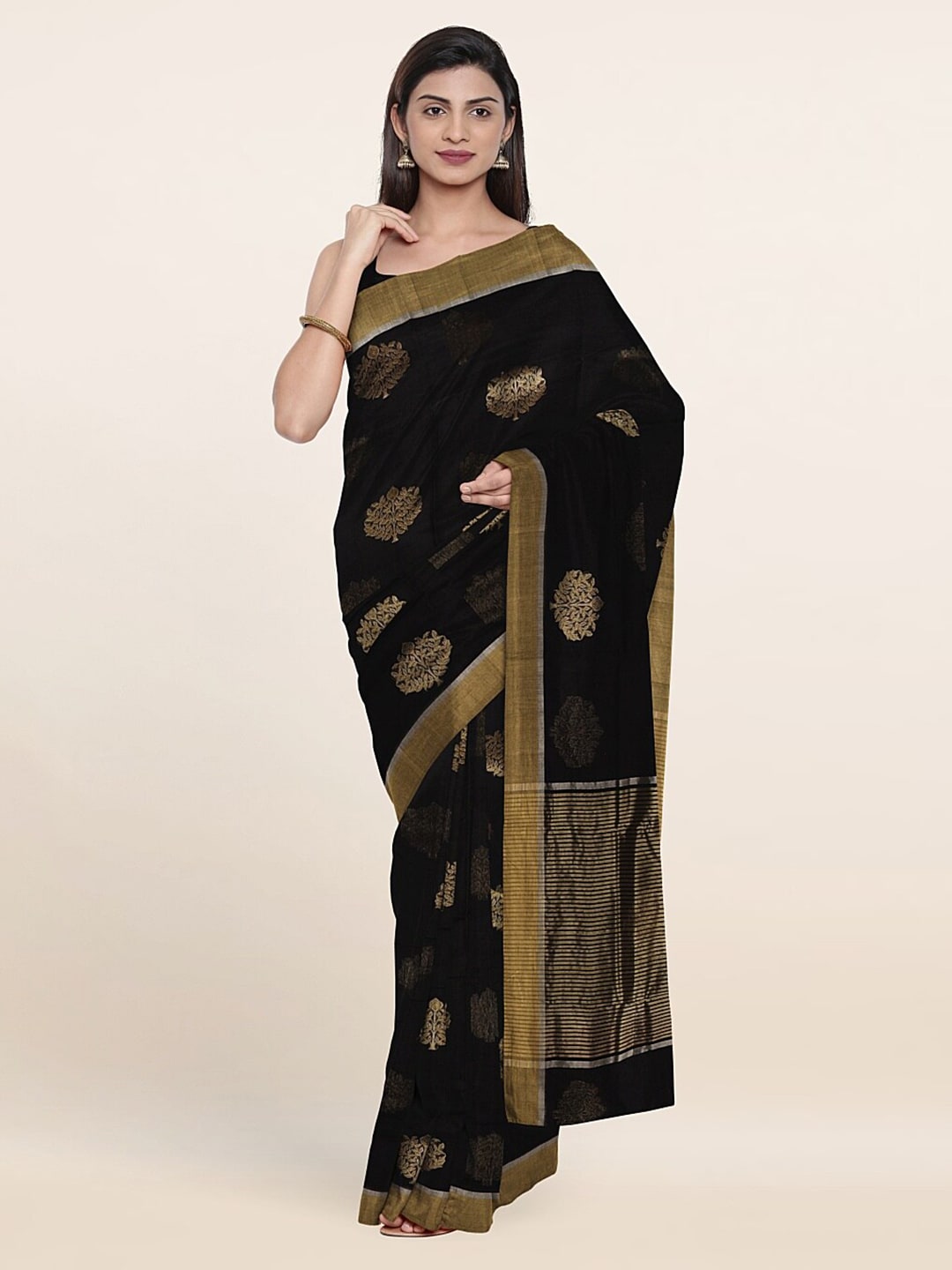 Pothys Black & Gold-Toned Woven Design Zari Silk Cotton Saree Price in India