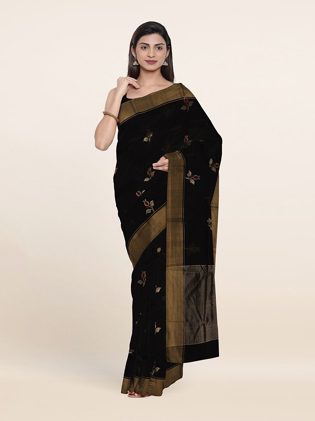 Pothys Black & Gold-Toned Floral Zari Silk Cotton Saree Price in India