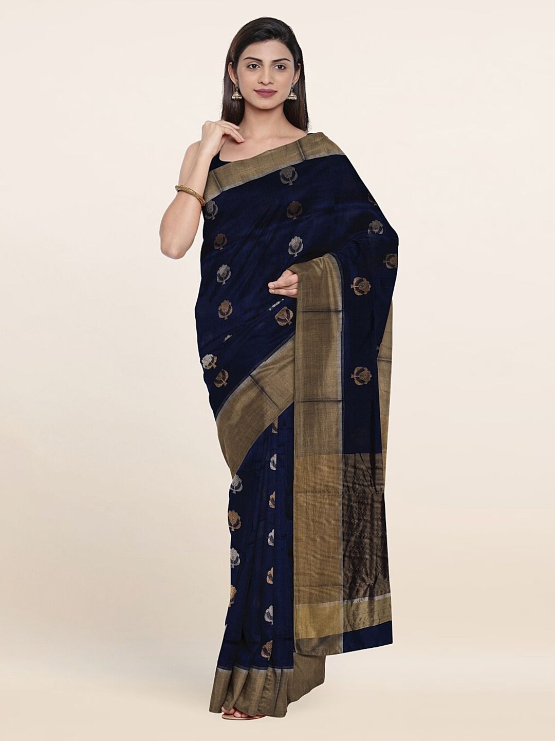 Pothys Blue & Gold-Toned Floral Zari Silk Cotton Saree Price in India