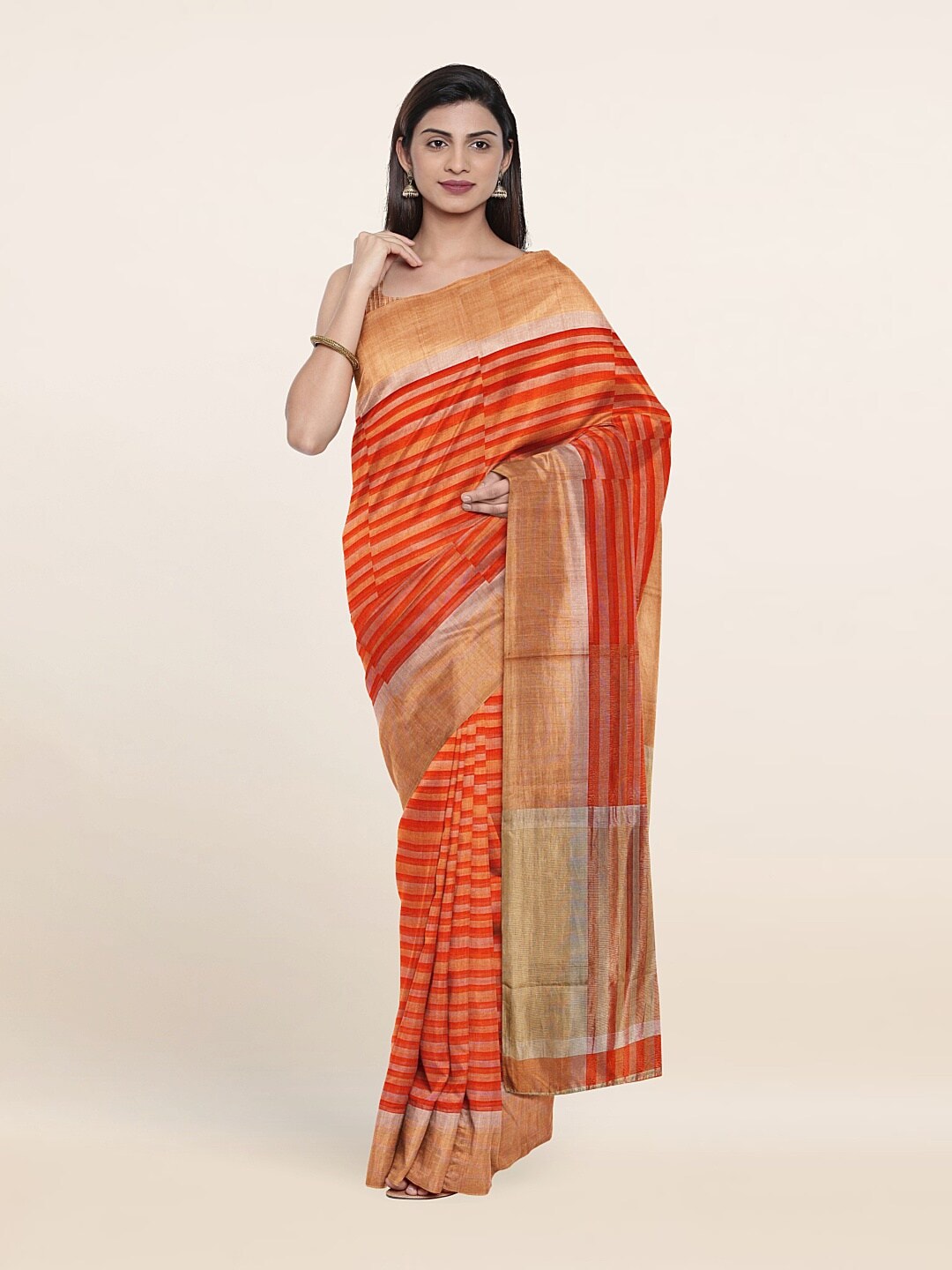 Pothys Orange & Gold-Toned Striped Zari Silk Cotton Saree Price in India