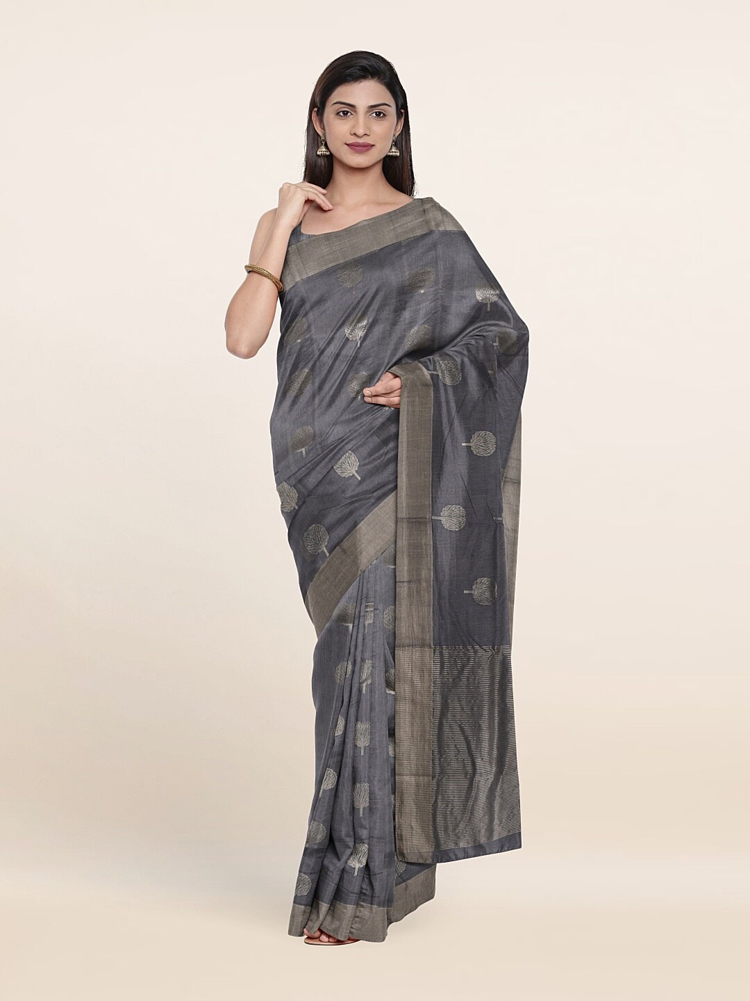 Pothys Grey & Gold-Toned Woven Design Zari Silk Cotton Saree Price in India