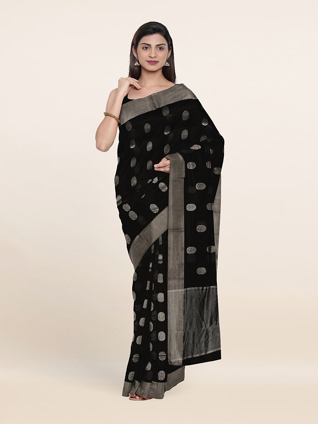 Pothys Black & Silver-Toned Floral Zari Silk Cotton Saree Price in India