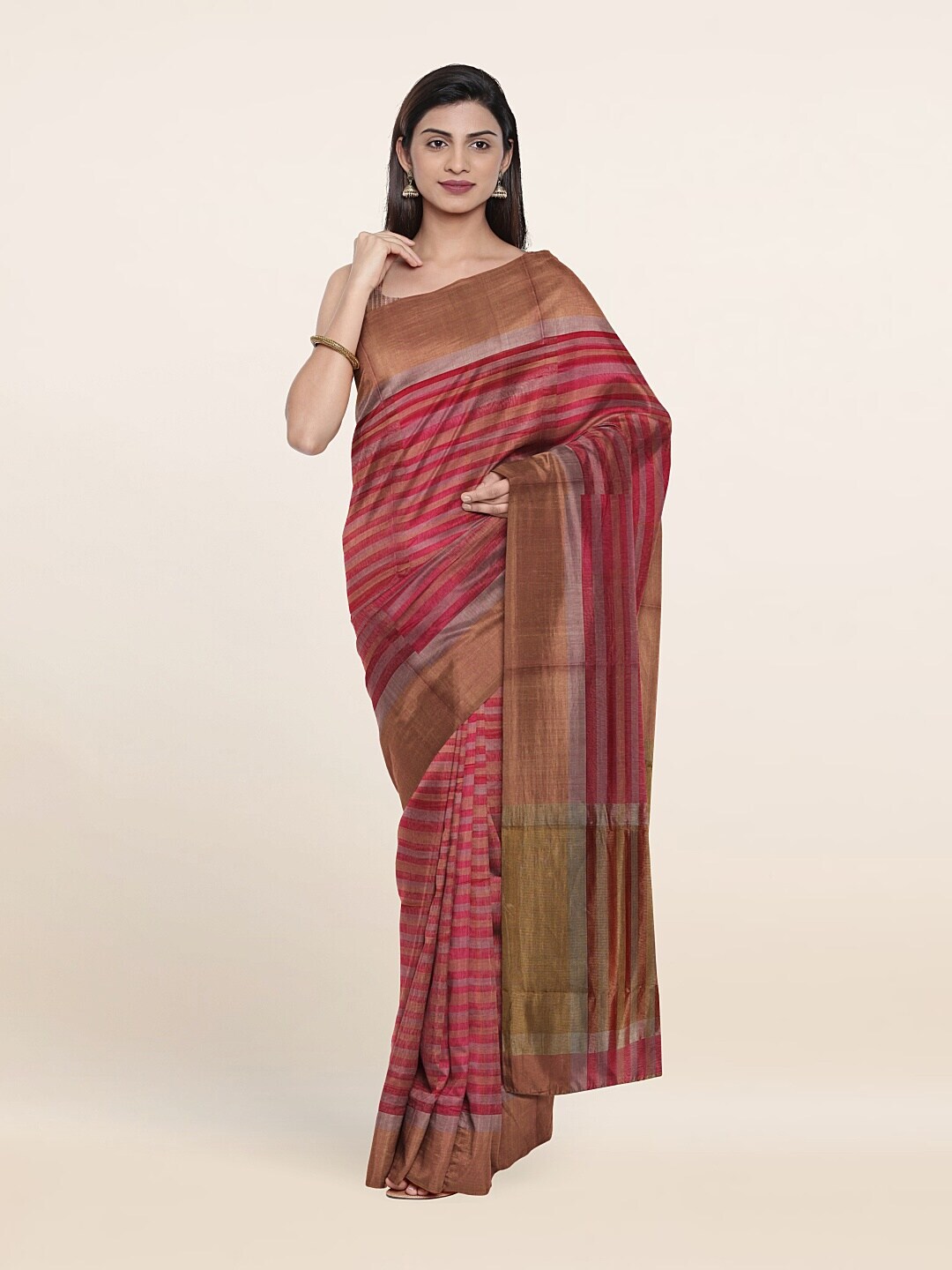 Pothys Pink & Gold-Toned Striped Zari Silk Cotton Saree Price in India