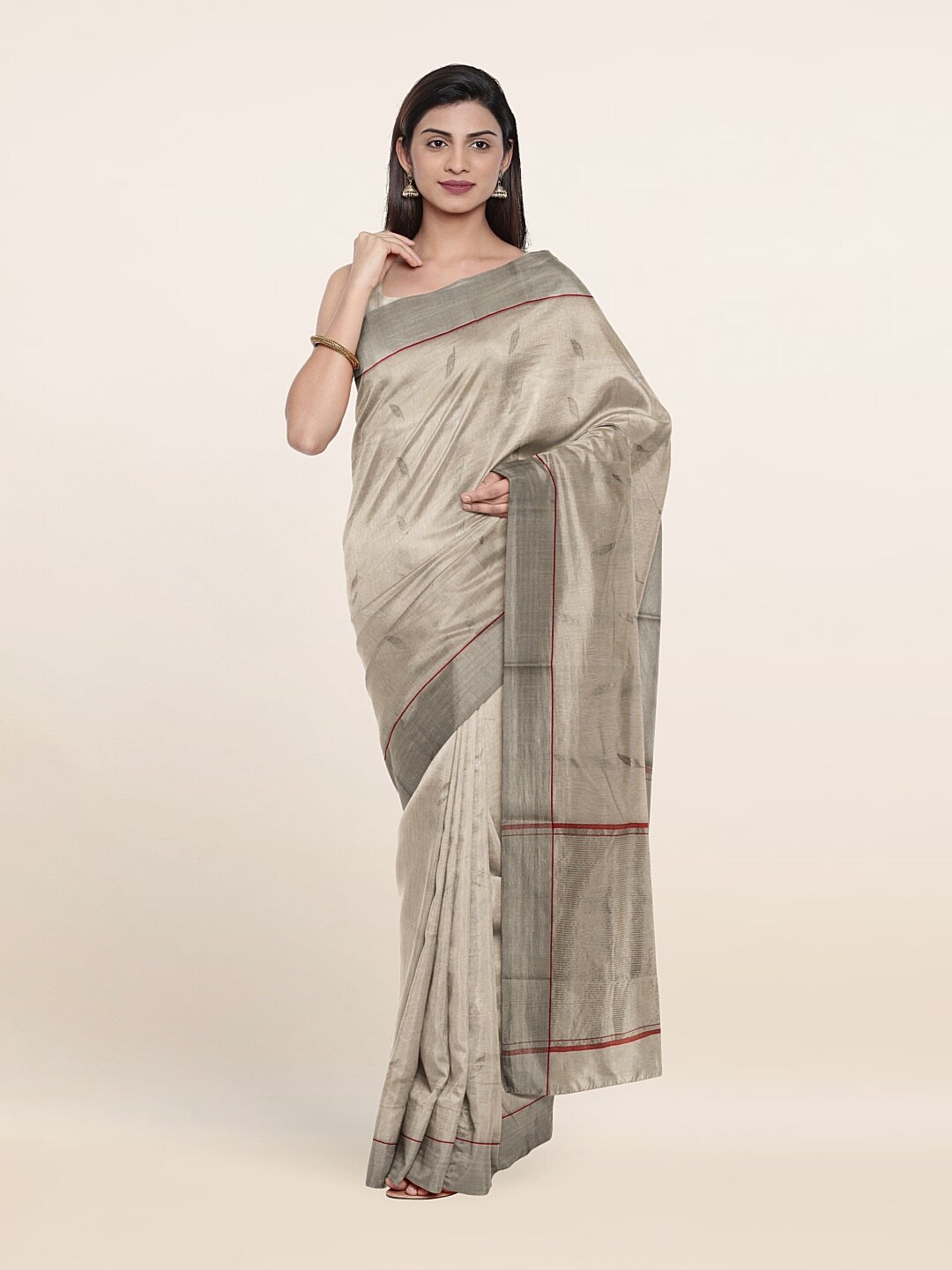 Pothys White & Gold-Toned Striped Zari Silk Cotton Saree Price in India