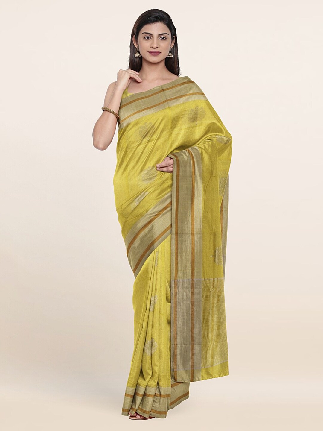 Pothys Yellow & Gold-Toned Woven Design Zari Silk Cotton Saree Price in India