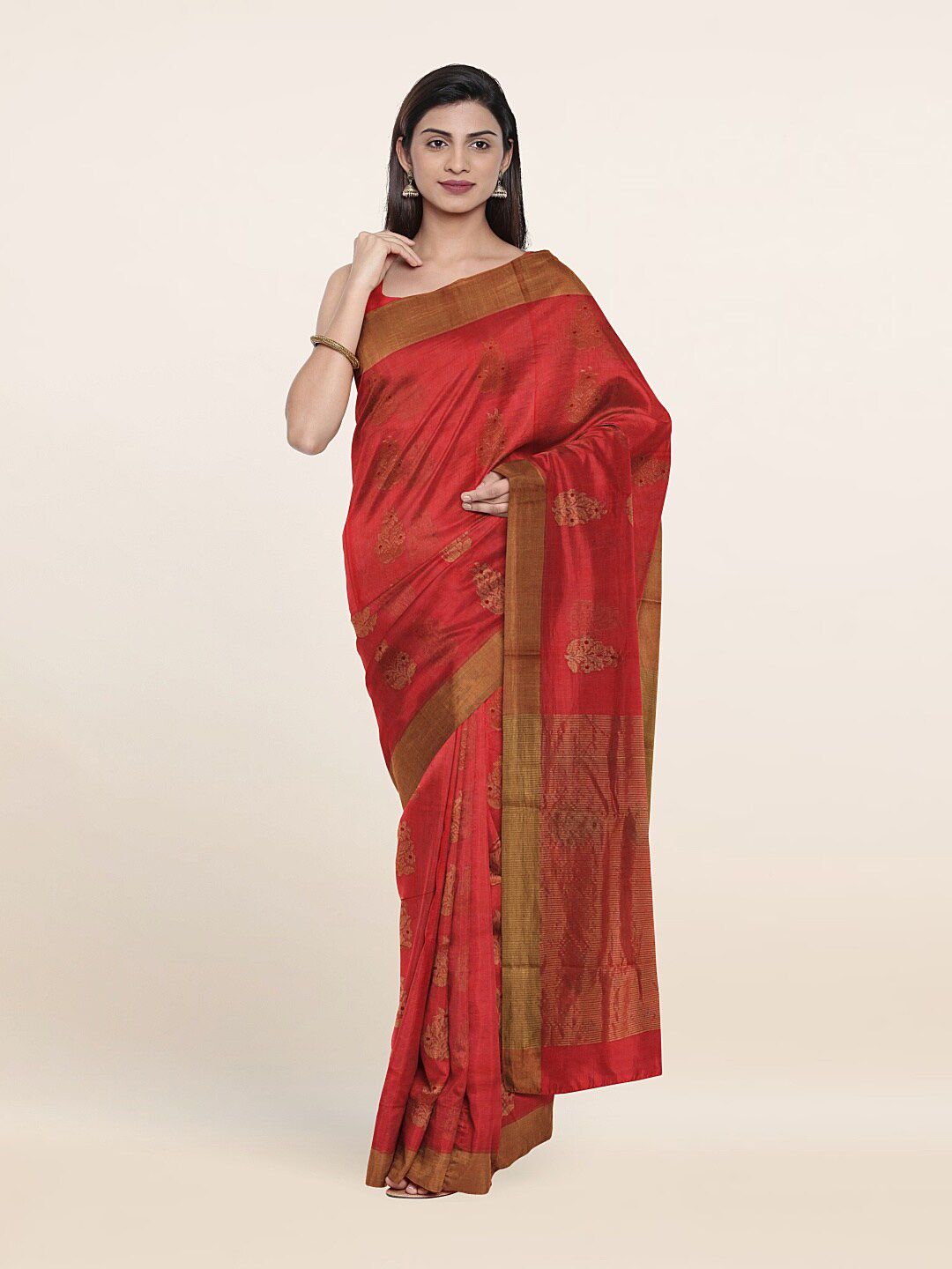 Pothys Peach-Coloured & Gold-Toned Floral Zari Silk Cotton Saree Price in India