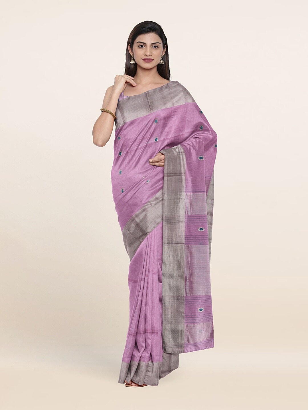 Pothys Lavender & Silver-Toned Woven Design Zari Silk Cotton Saree Price in India