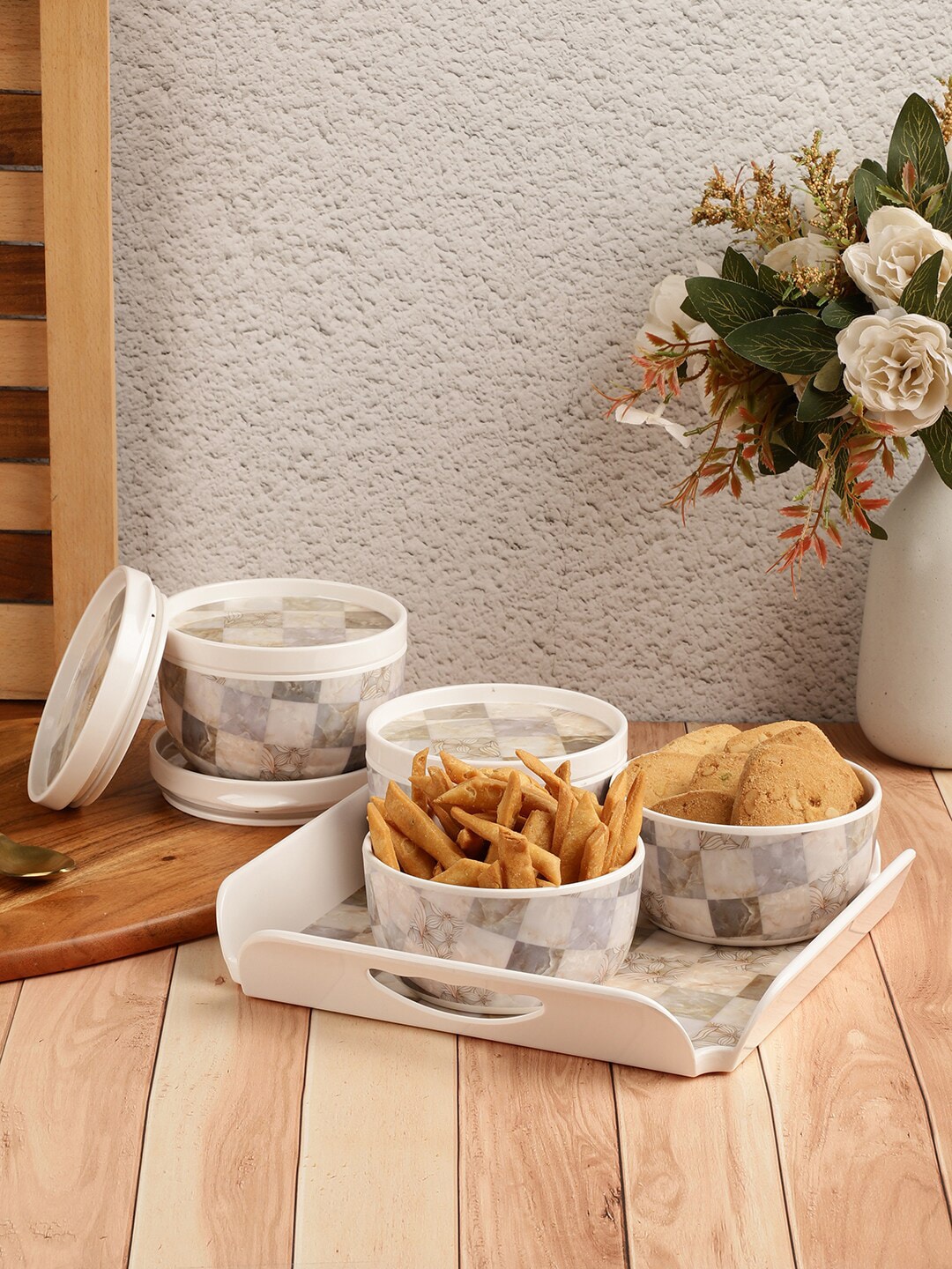 Servewell Grey Set of 5 Grey Printed Airtight Melamine Food Container Price in India