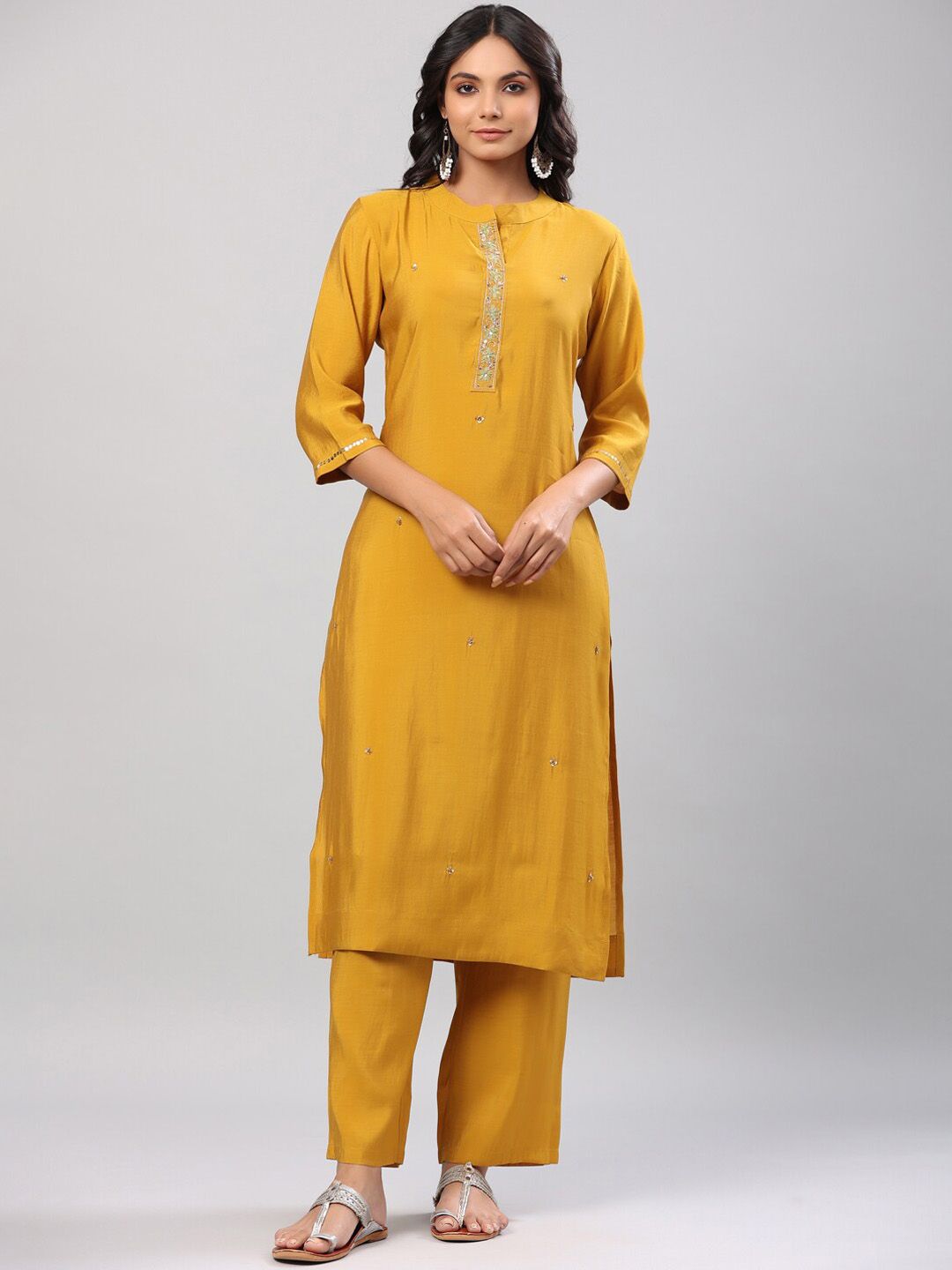 Do Dhaage Women Mustard Yellow Embroidered Sequinned Kurta with Trousers & With Dupatta Price in India