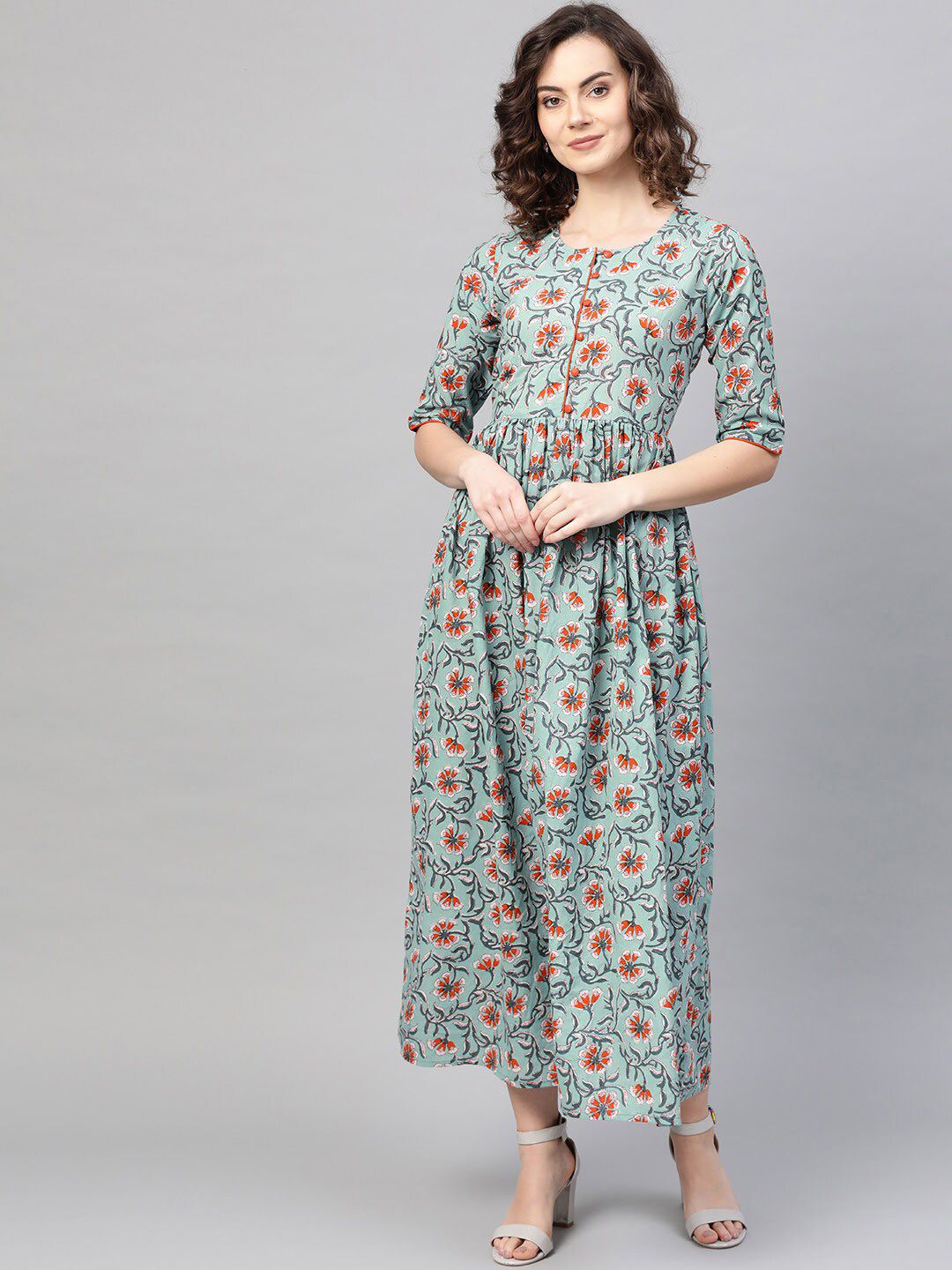 Nayo Green & Red Cotton Floral Ethnic A-Line Maxi Dress Price in India