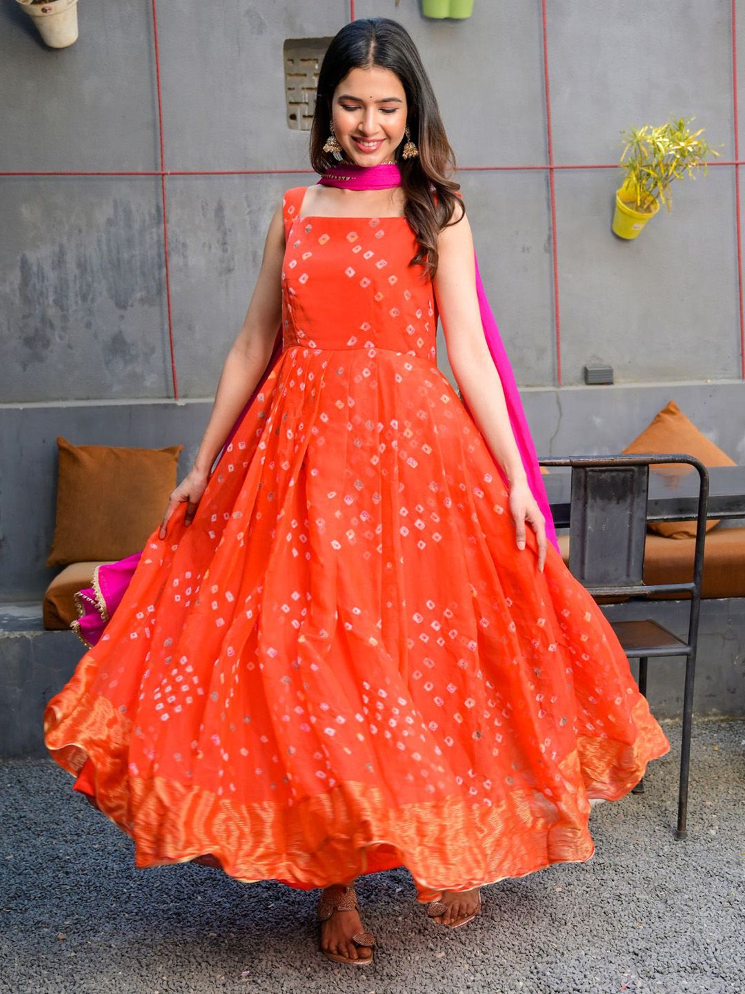 Rangpur Women Orange Floral Chiffon Ethnic Maxi Dress With Dupatta Price in India