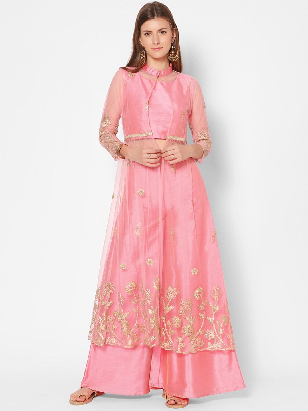 Kiya Women Pink Embroidered Thread Work Top with Palazzos Price in India