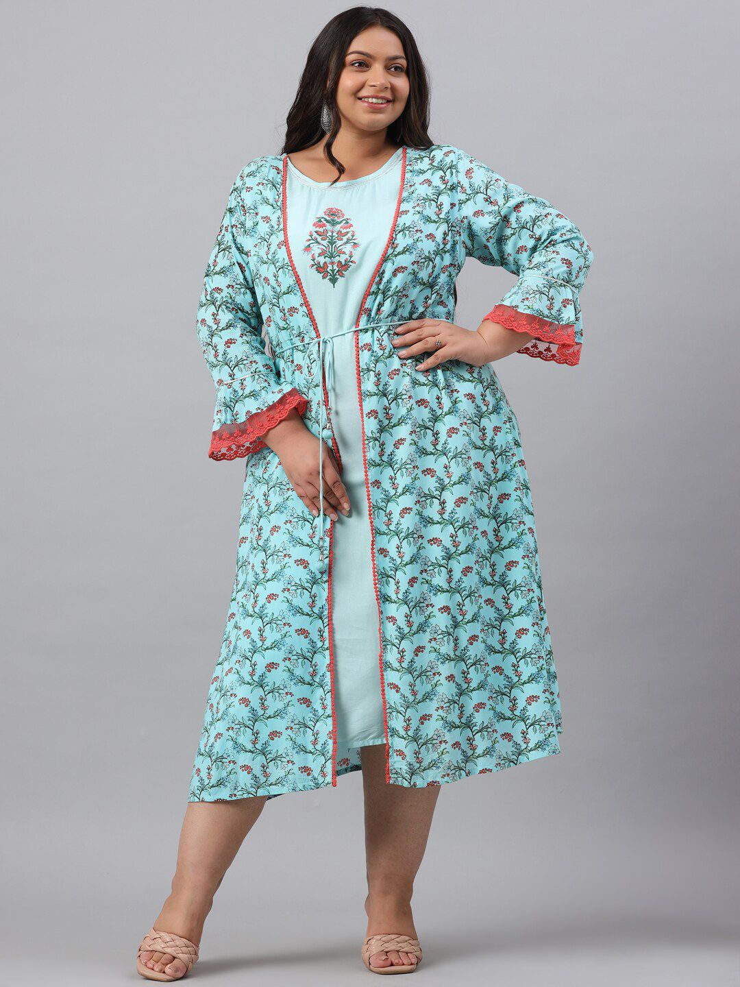 Juniper Plus Women Blue & Peach-Coloured Floral Ethnic A-Line Midi Dress Price in India
