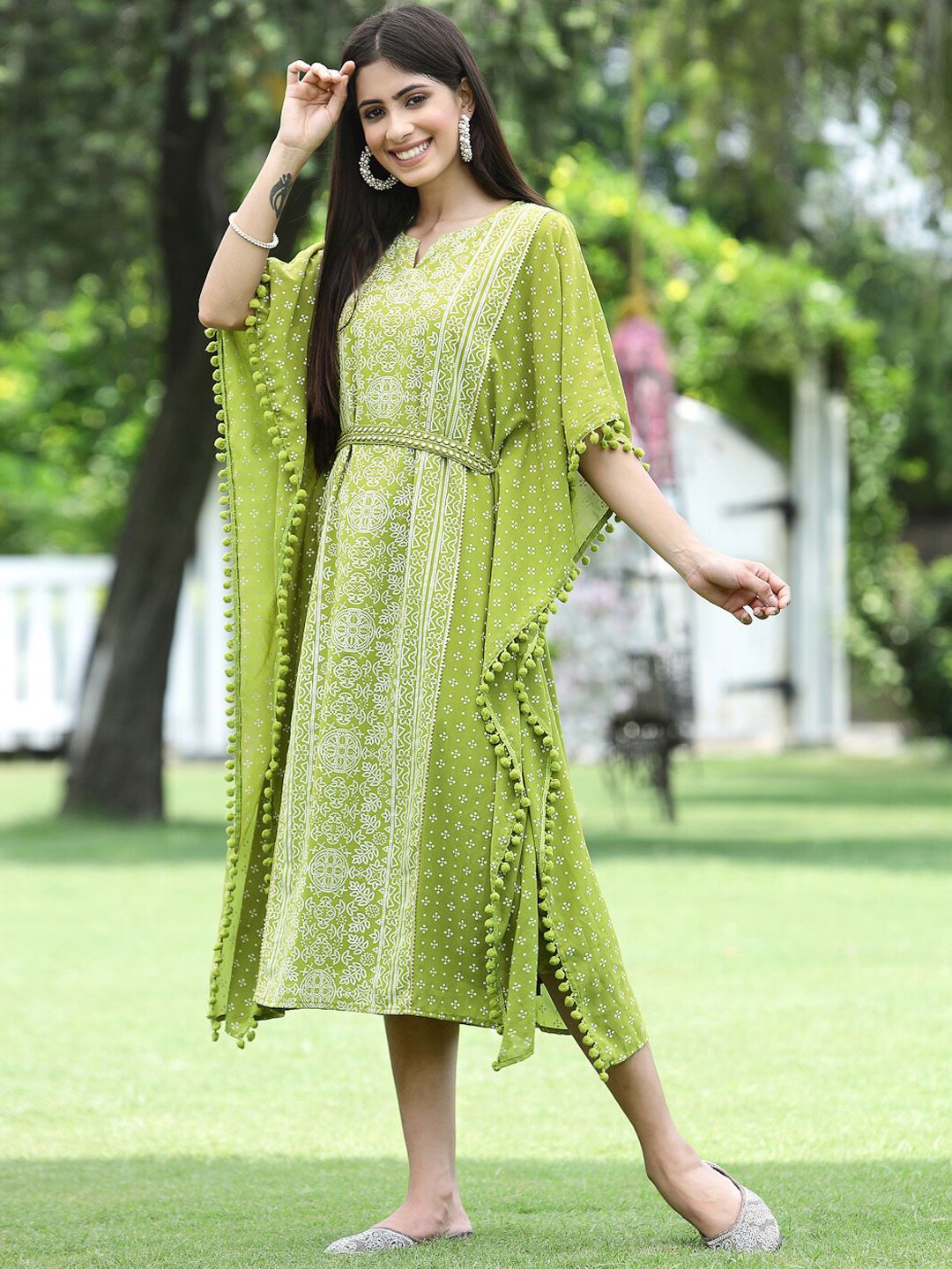 Juniper Green Printed Georgette Kaftan Midi Dress Price in India