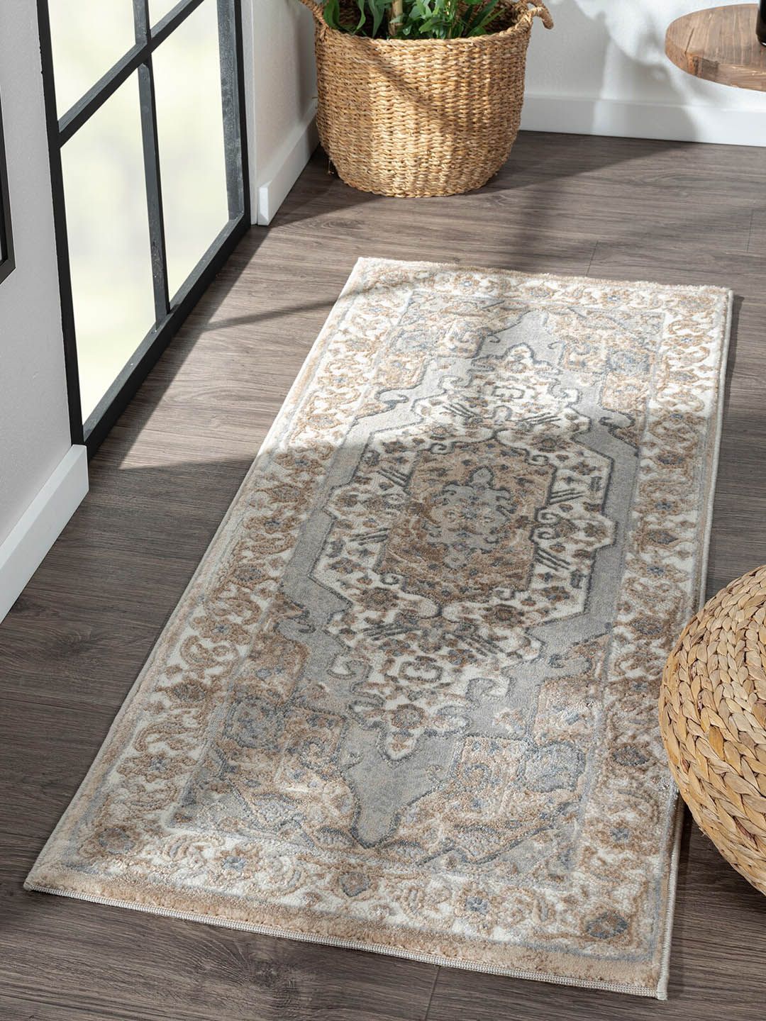 OBSESSIONS Grey & Beige Ethnic Print Anti-static Floor Runner Price in India