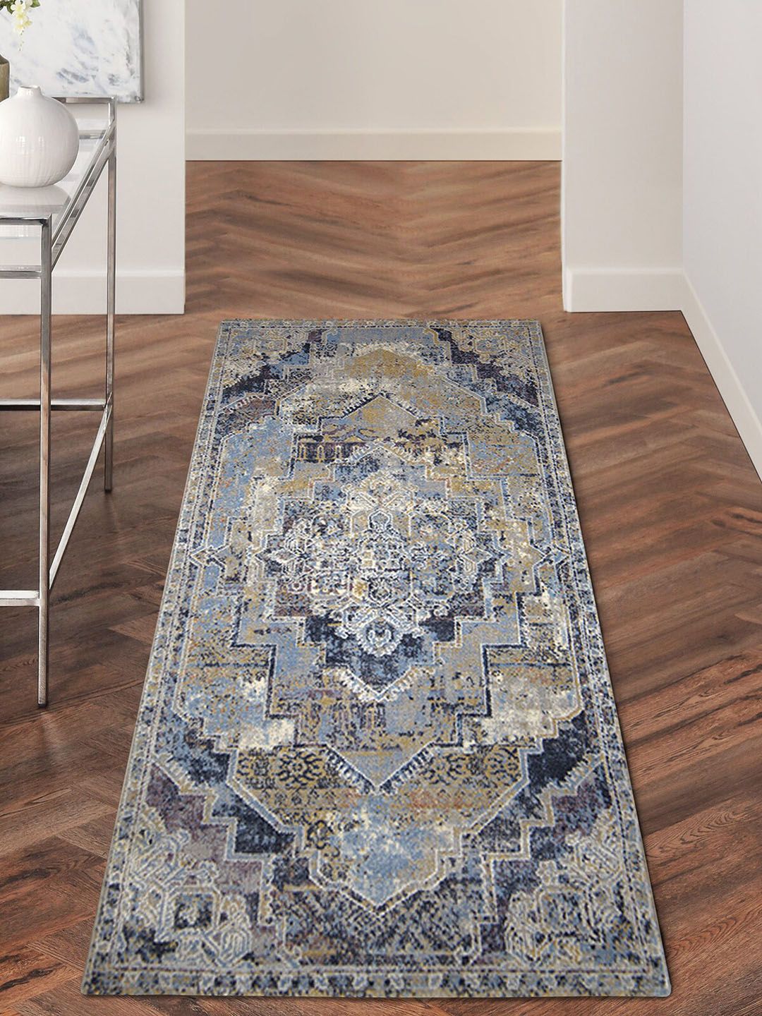 OBSESSIONS Blue & Beige Ethnic Anti-static Floor Runner Price in India