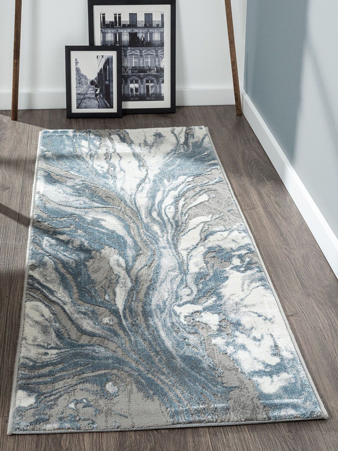 OBSESSIONS Grey & Blue Abstract Floor Runner Price in India